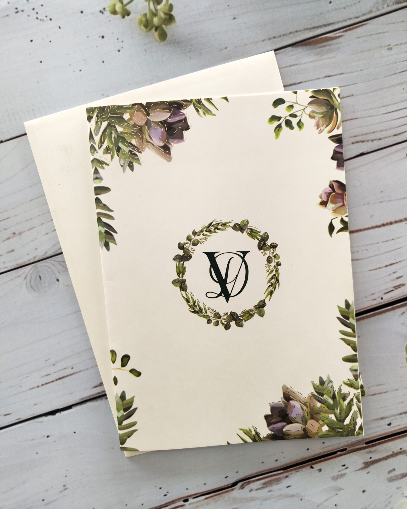 Minimal Green Floral Wedding Card with Envelope