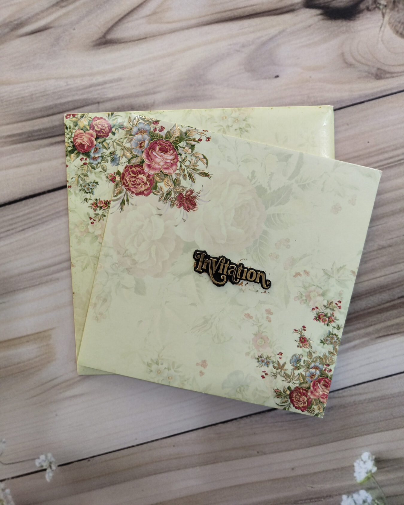 Pastal Green Mini Floral Square Wedding Invitation Card with Matching Envelope