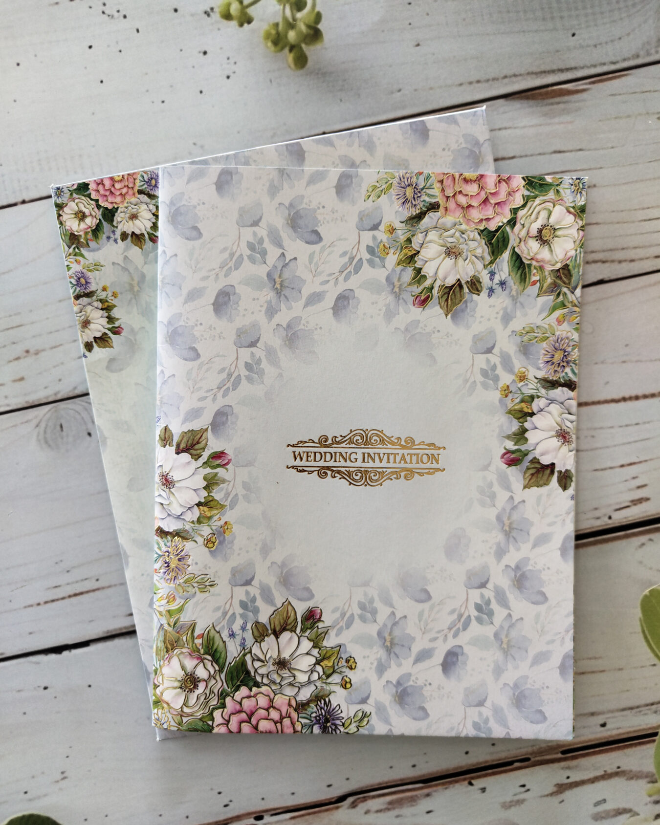 LIGHT BLUE Floral Gold Foiled Wedding Invitation Card with Matching Envelope