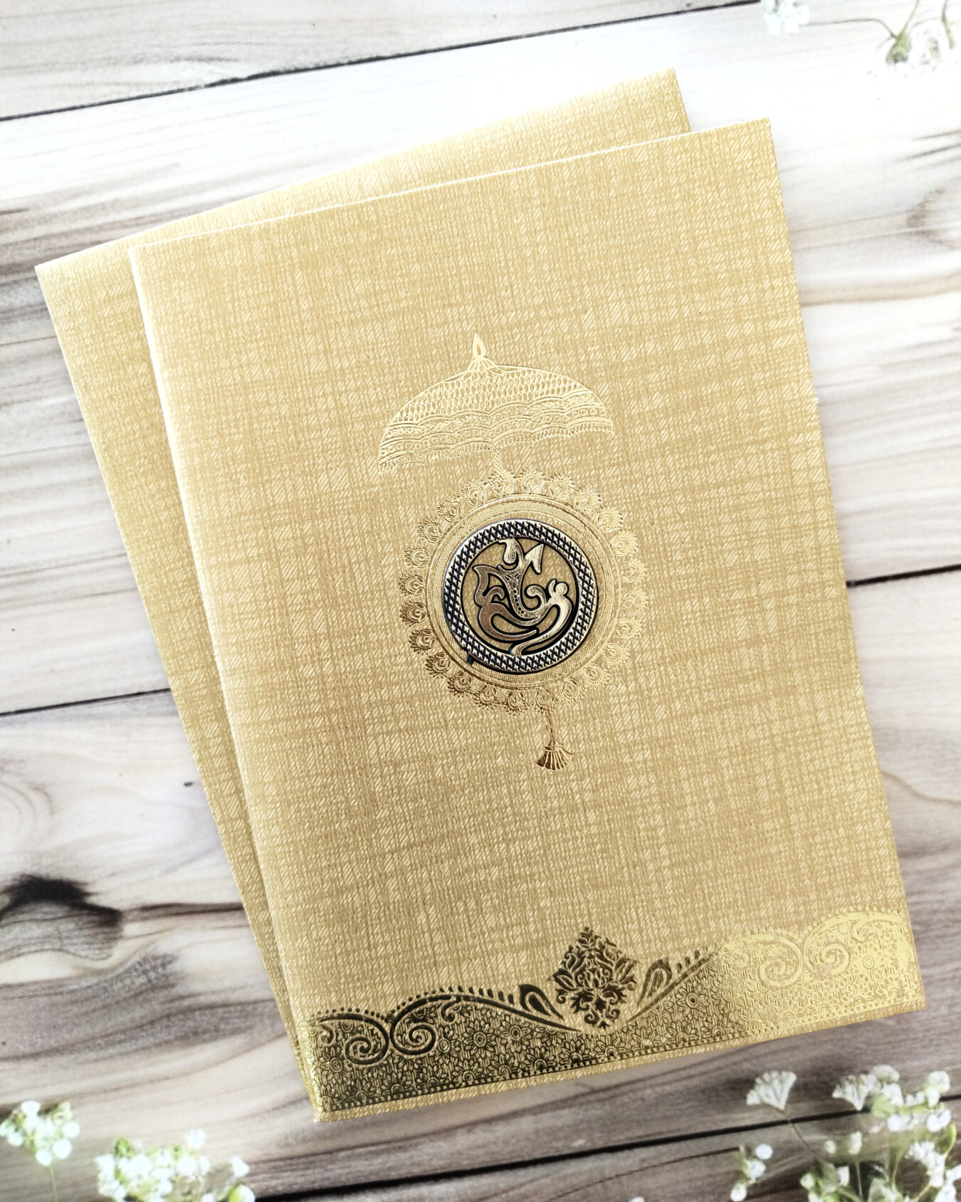 GOLDEN Card with Gold Foiled Ganesha Umbrella Wedding Invitation and Matching Envelope