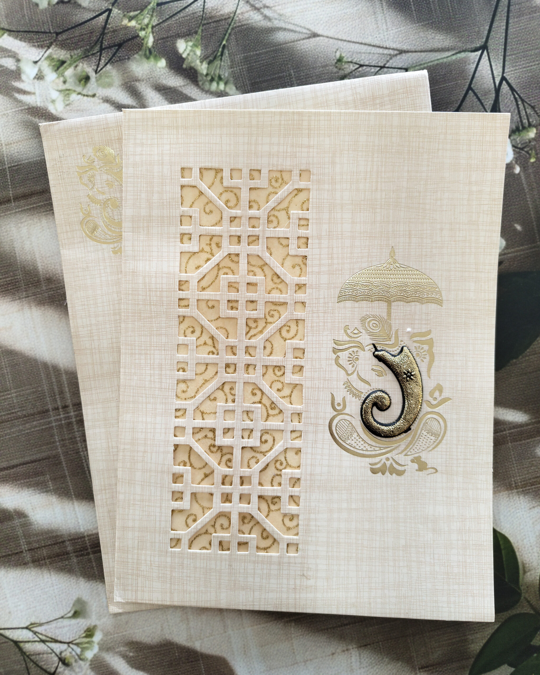 Cream Die Cut Gold Foiled Wedding Invitation Card with Matching Envelope