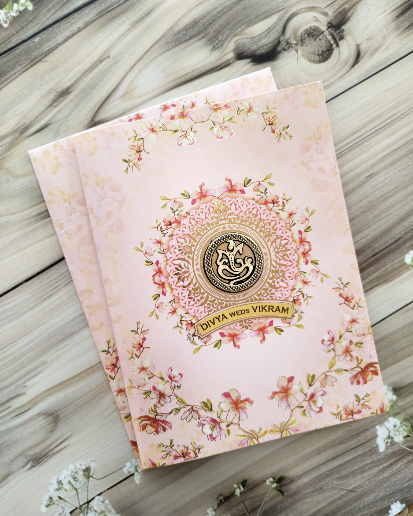 Light Pink Floral Offset Wedding Invitation Card with Nameplate & Matching Floral Envelope