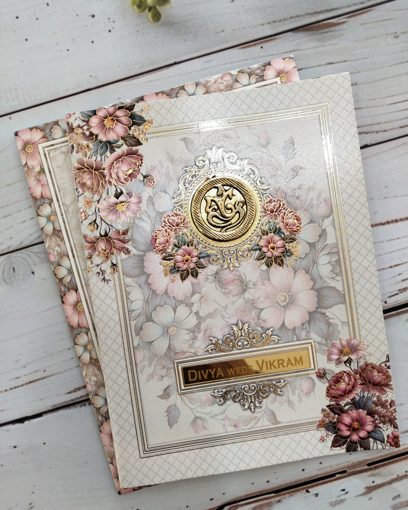 Premium Teal Multicolour Floral Wedding Card with Acrylic Nameplate & Matching Floral Envelope