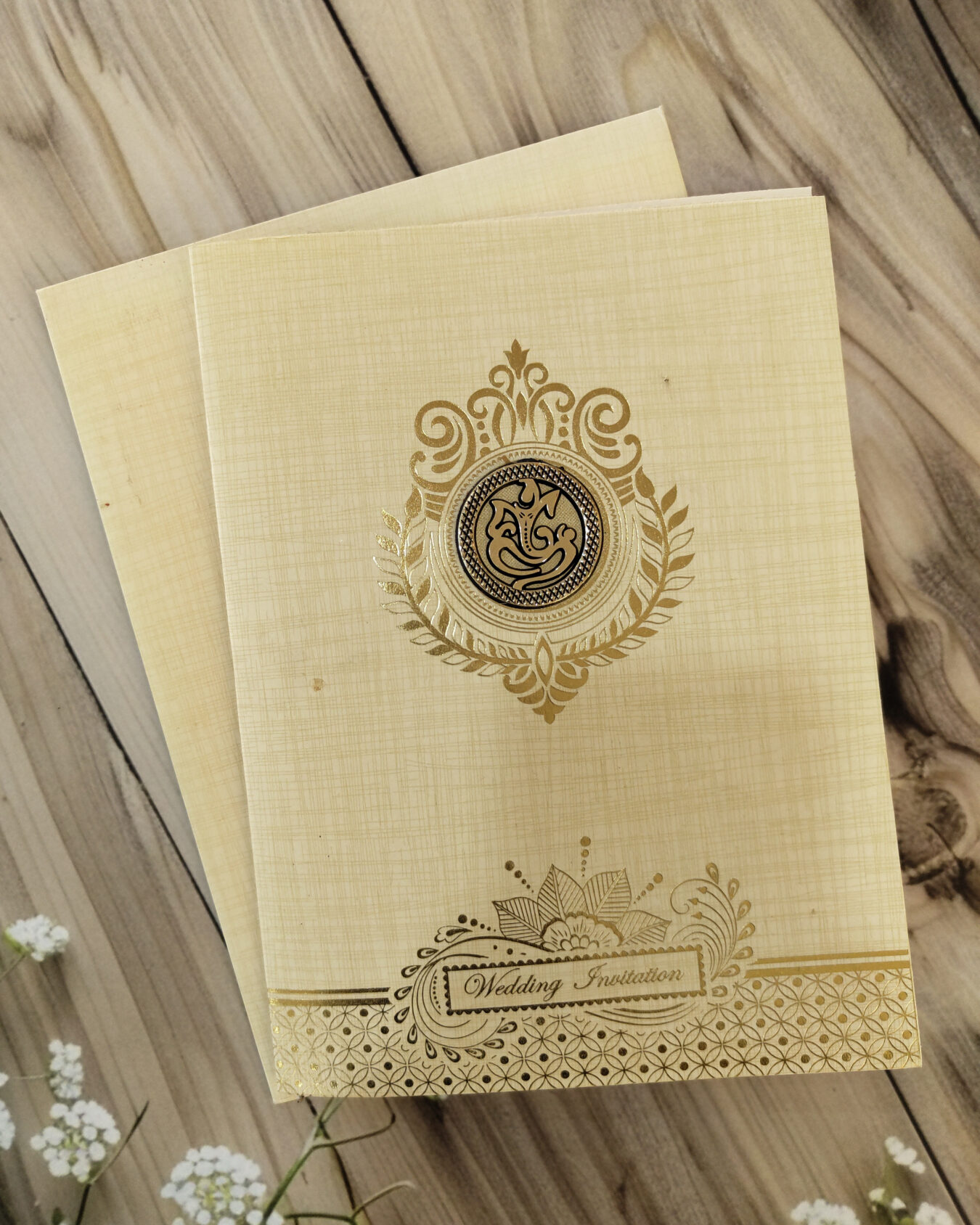 Yellow Gold Foiled Ganesha Wedding Invitation Card with Matching Envelope