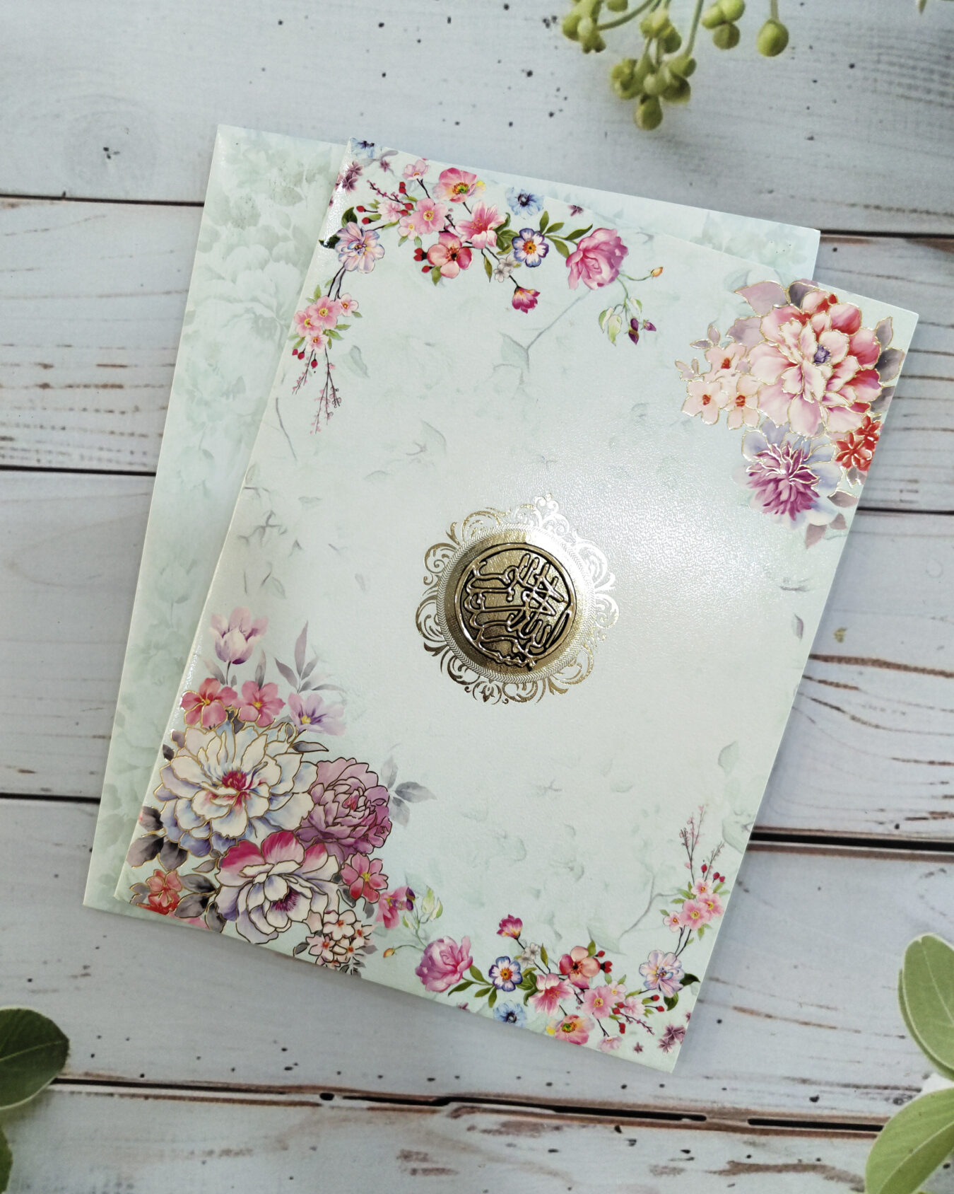 Elegant Light Blue Floral Wedding Card with Matching Envelope