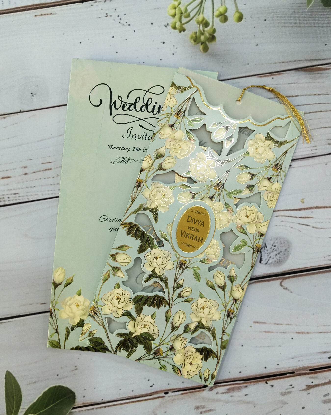 Premium Green Layered Floral Wedding Invitation Card with Elegant Matching Envelope – Luxury Designer Shaadi Card