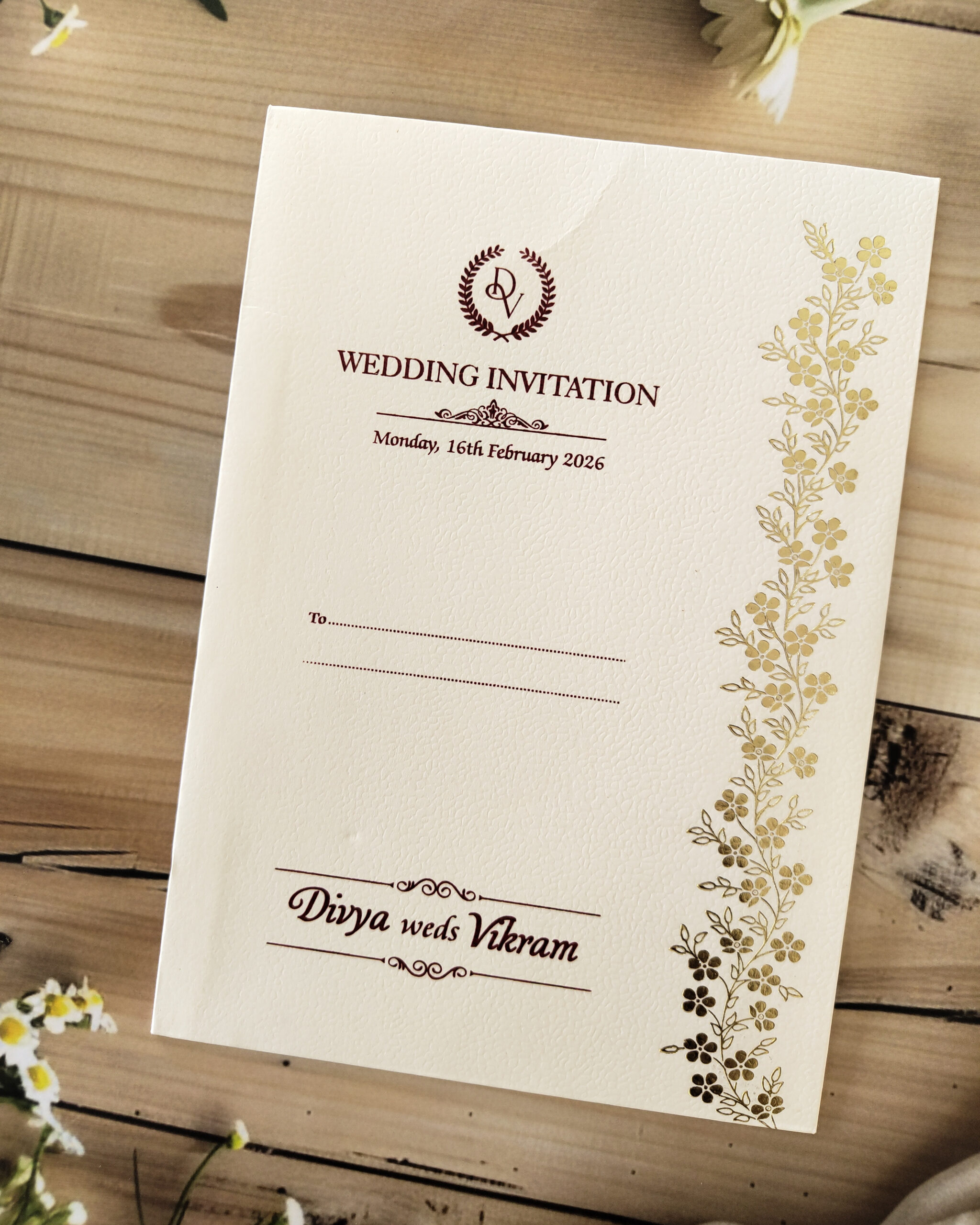 Premium White Gold-Foiled Wedding Invitation Card with Elegant Matching Envelope