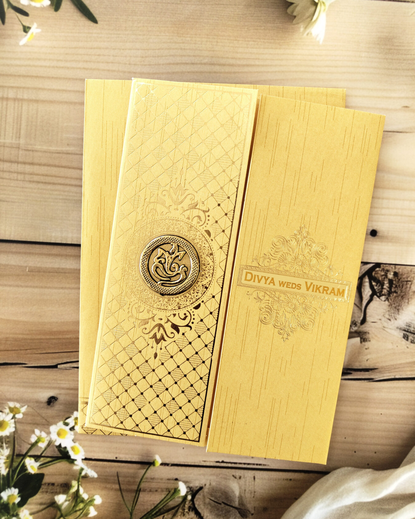 Premium Yellow Gold-Foiled Opening Wedding Invitation Card with Elegant Matching Envelope