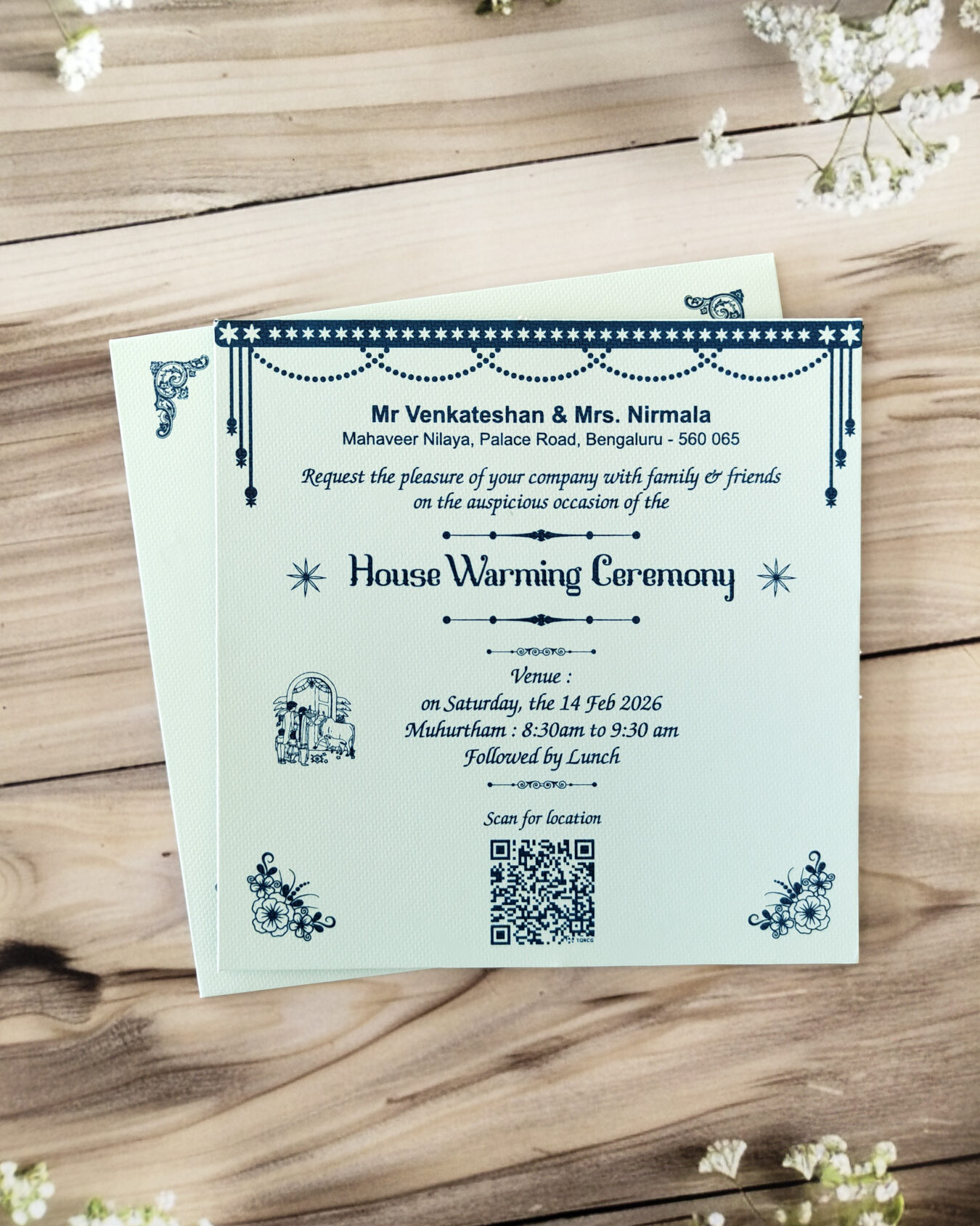 Blue Square Wedding Invitation Card with Elegant Matching Envelope