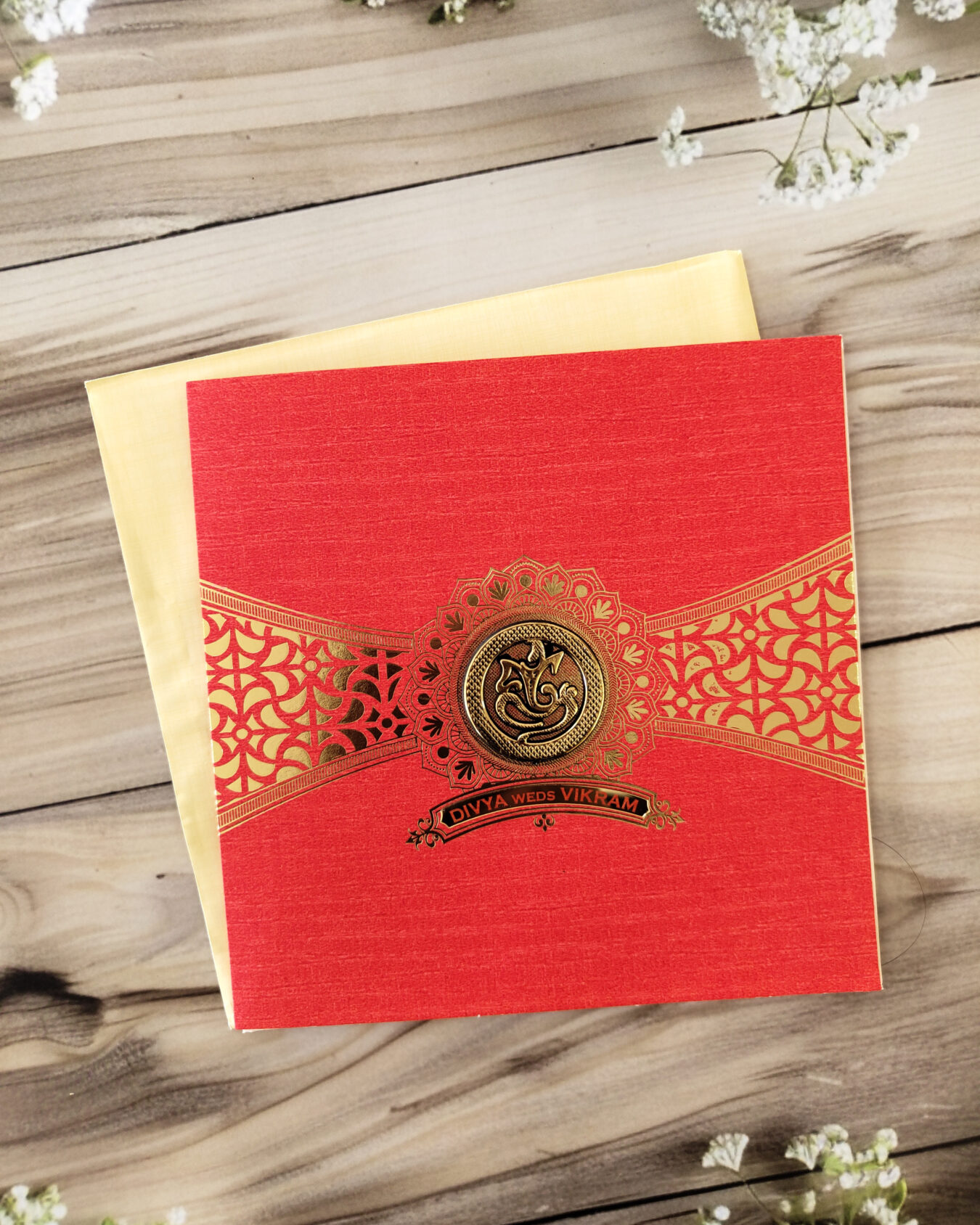 Red Gold-Foiled Square Wedding Card with Matching Envelope – Customizable Emblems: