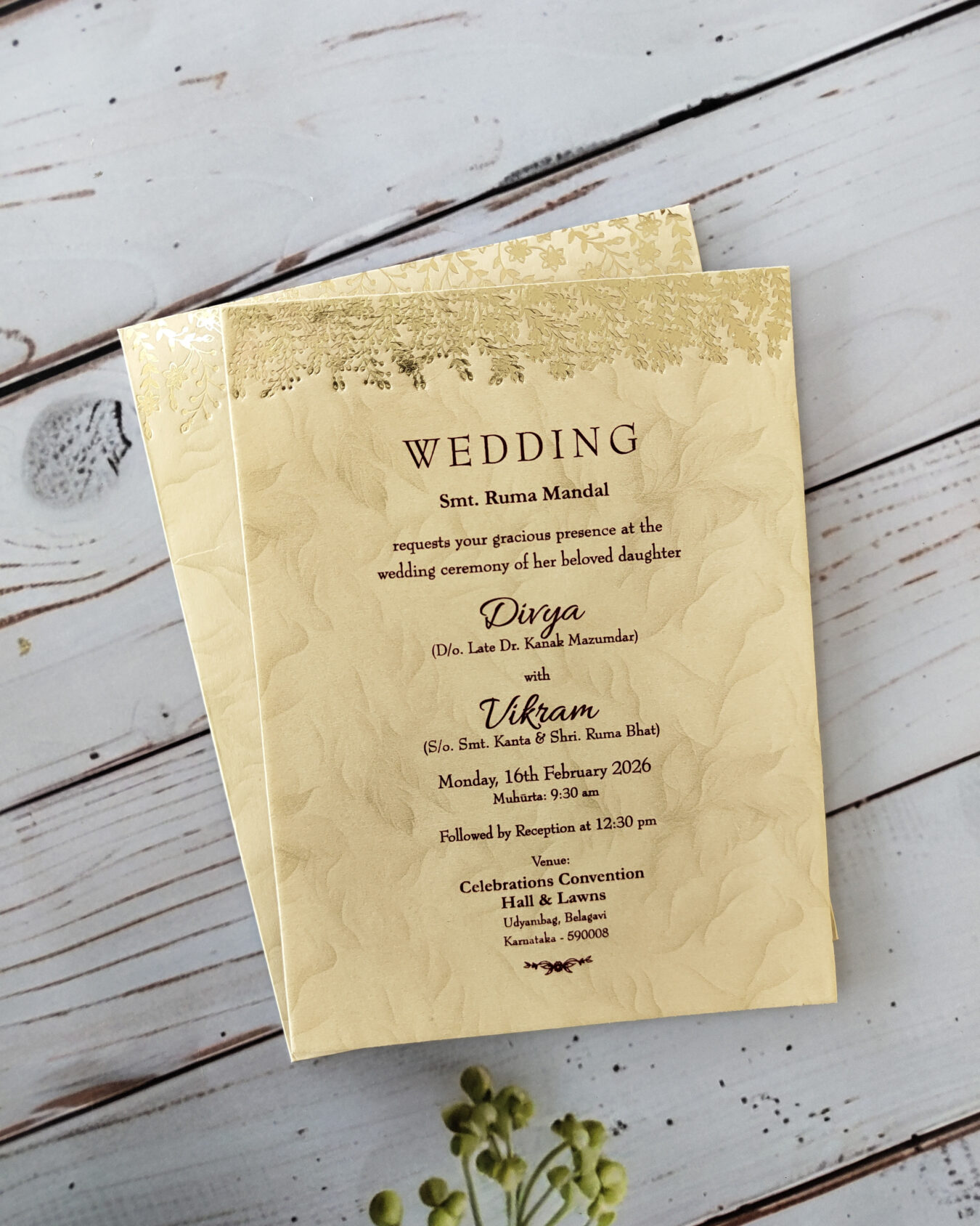 Pale Yellow Floral Gold-Foiled Wedding Invitation Card with Matching Envelope