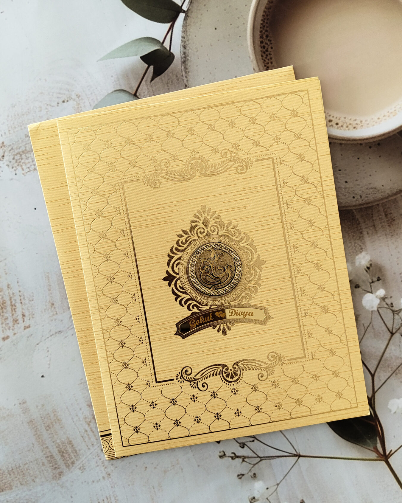 Large Cream Gold-Foiled Wedding Card with Acrylic Nameplate and Matching Envelope – Customizable Emblems