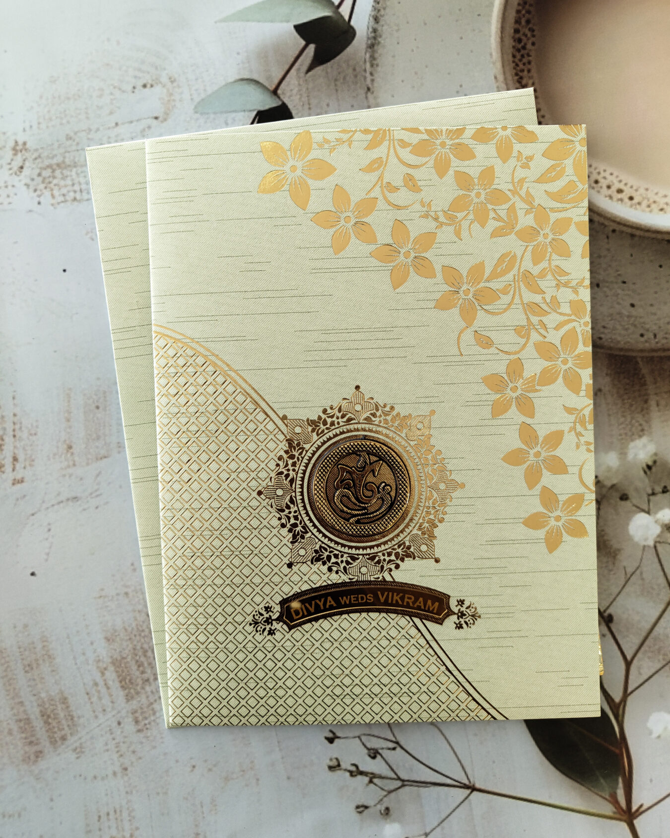 Olive Green Gold-Foiled Floral Wedding Card with Acrylic Nameplate and Matching Envelope – Customizable Emblem