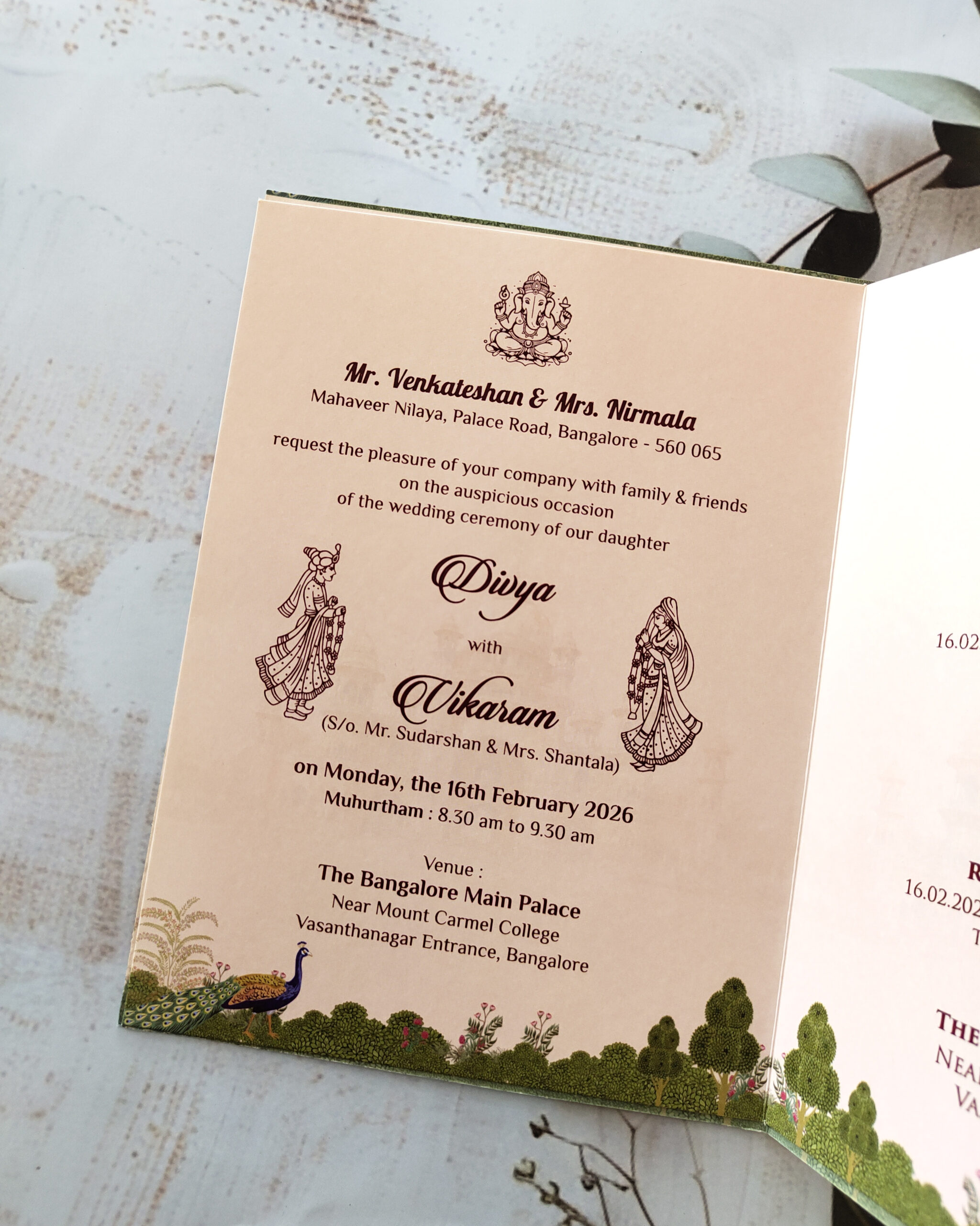 Pale Pink Botanical Wedding Invitation Card with Matching Envelope – Customizable Emblem - Image 2