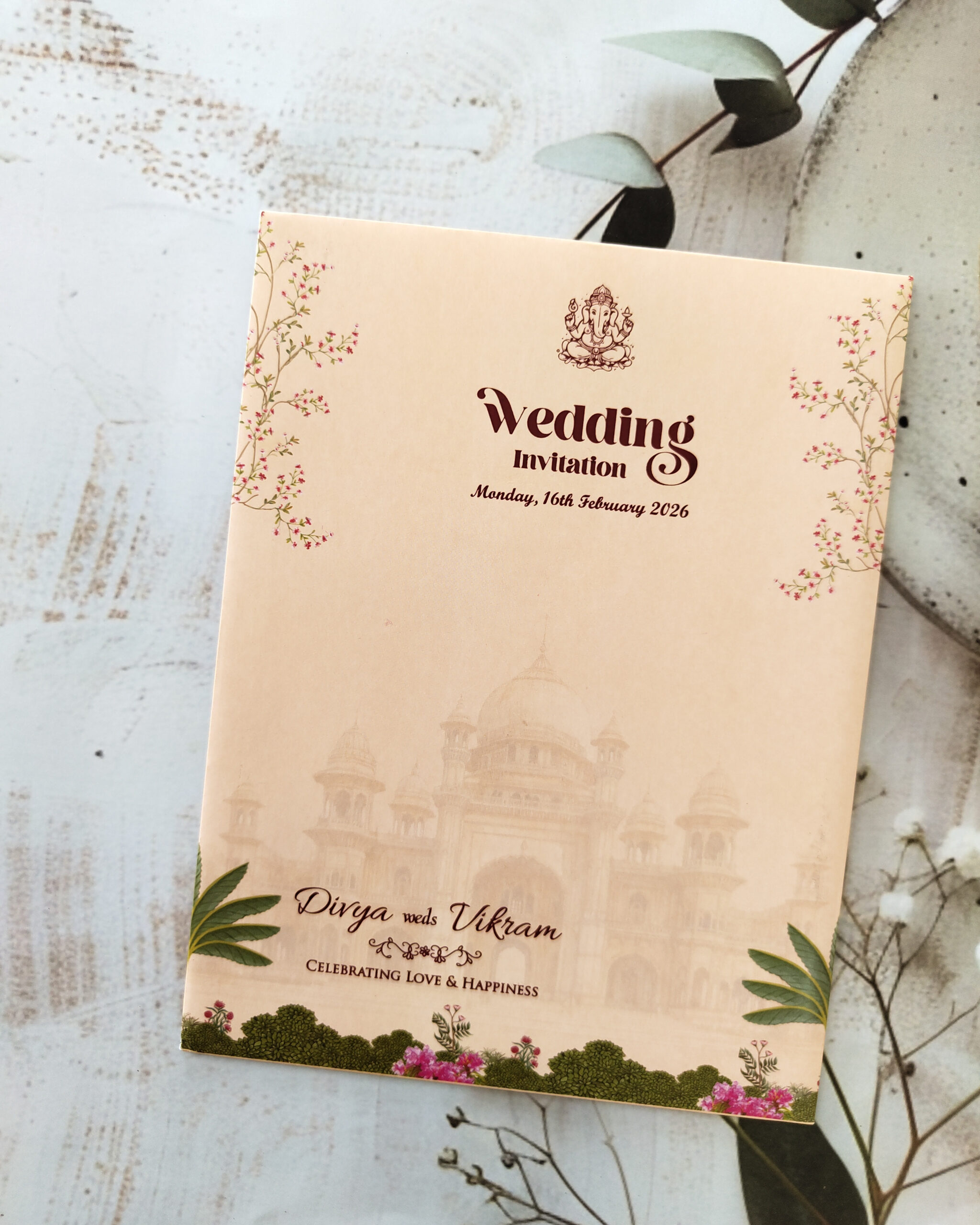 Pale Pink Botanical Wedding Invitation Card with Matching Envelope – Customizable Emblem - Image 4