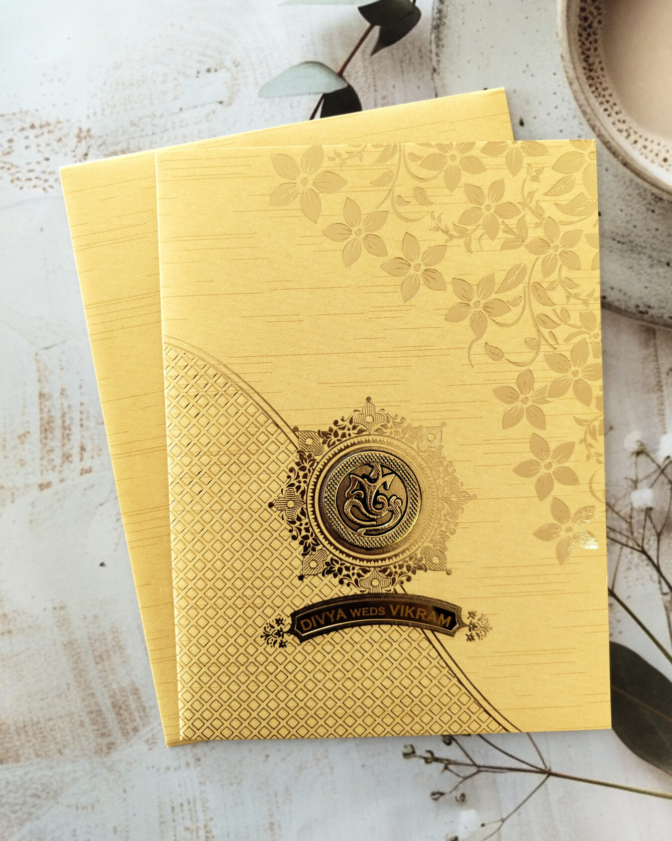Golden Yellow Gold-Foiled Floral Wedding Invitation Card with Acrylic Nameplate & Matching Envelope – Customizable Emblem