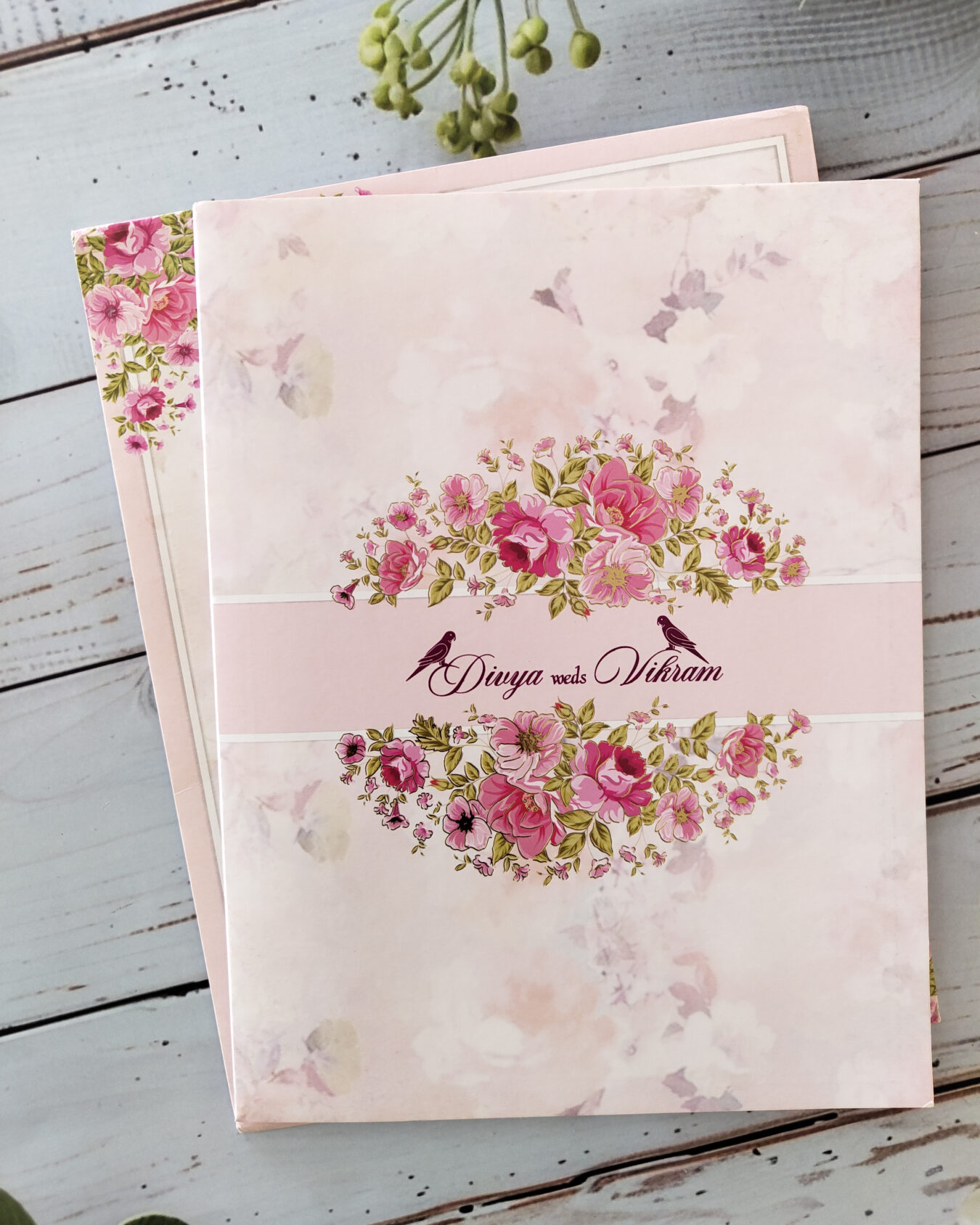 Large White & Rose Floral Gold-Foiled Wedding Invitation Card with Matching Envelope