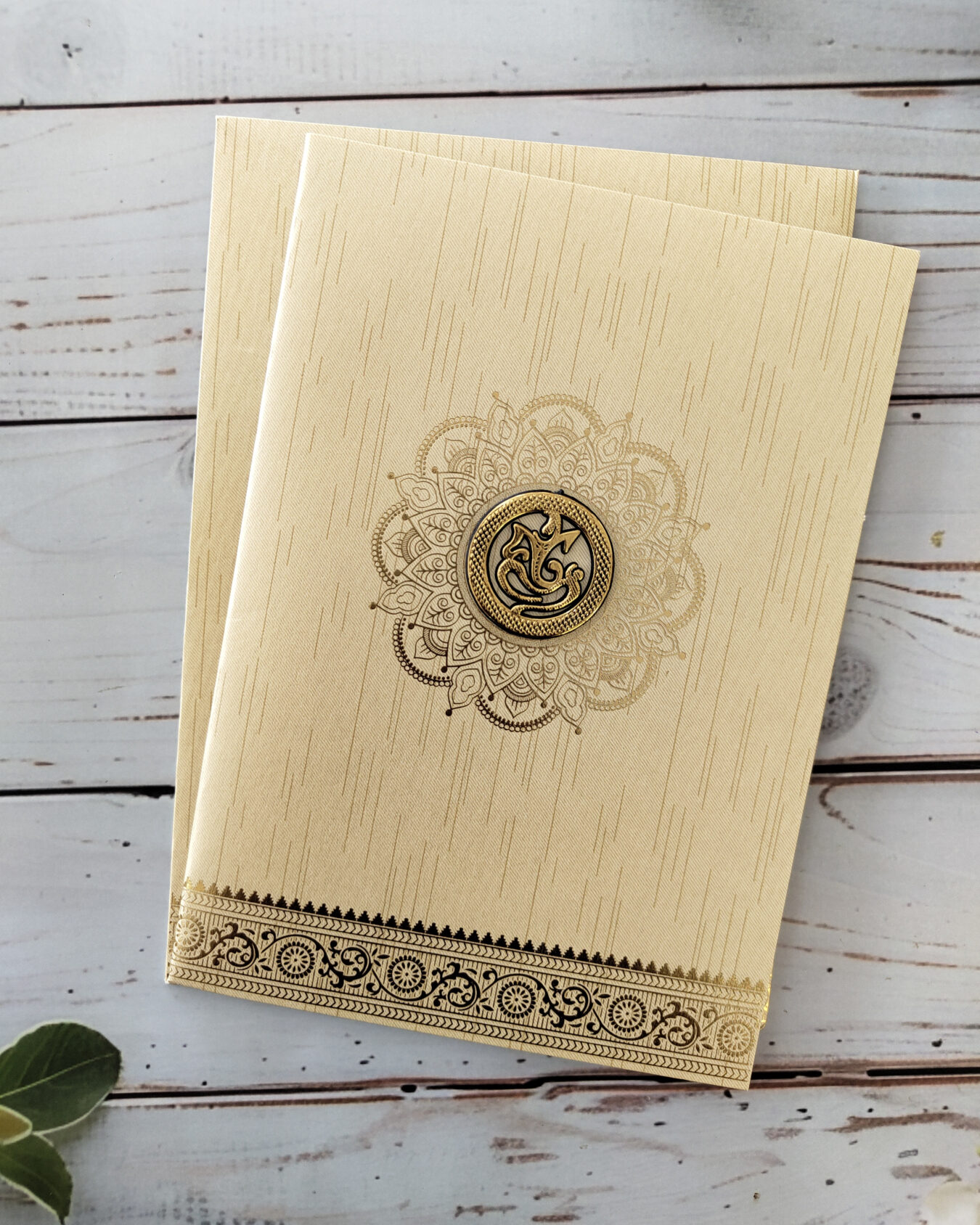 Golden Brown Gold-Foiled Ganesha Wedding Invitation Card with Matching Envelope – Customisable Emblem