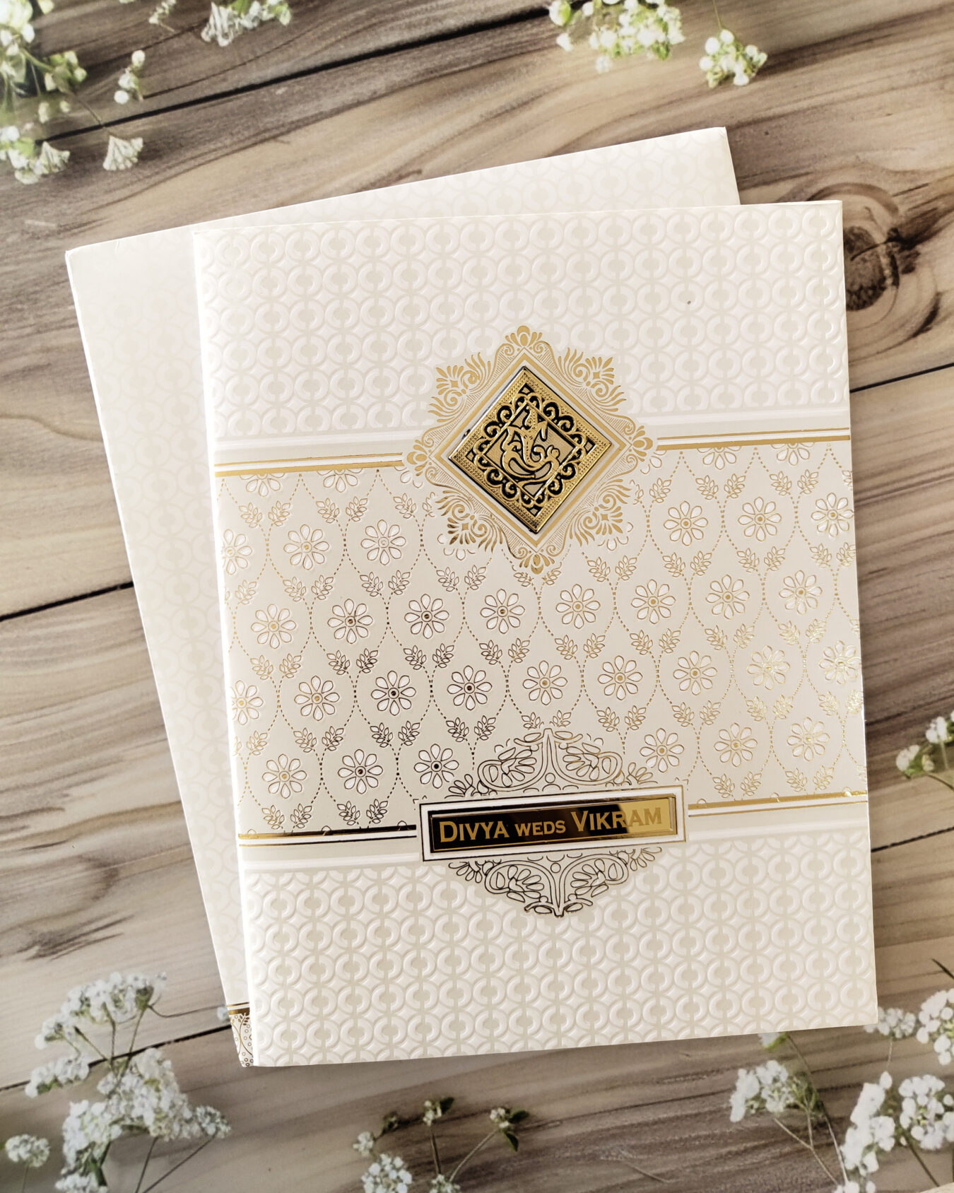 Large White Gold-Foiled Wedding Invitation Card with Acrylic Nameplate & Matching Envelope – Customisable Emblem