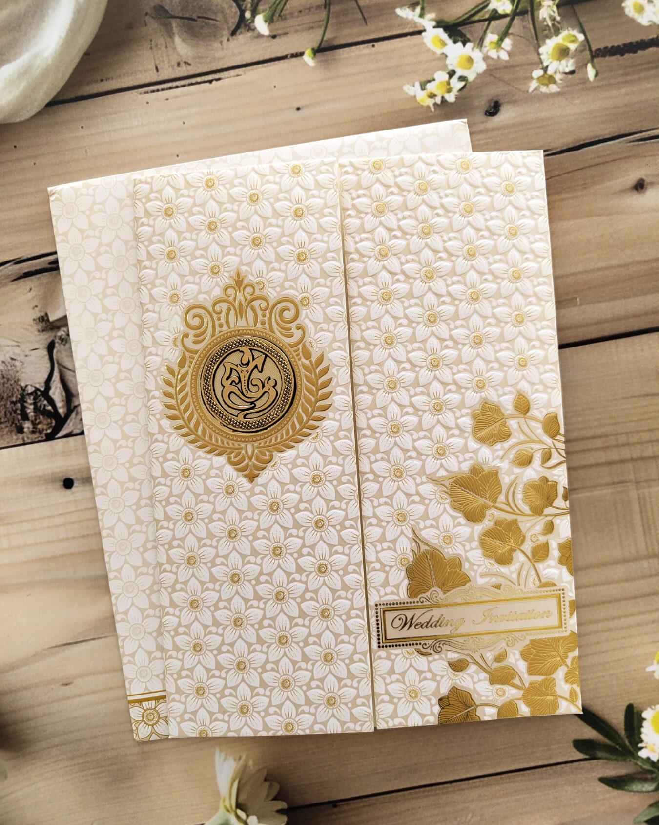 Elegant White Floral Embossed Door-Style Wedding Invitation Card with Customizable Emblem & Matching Envelope