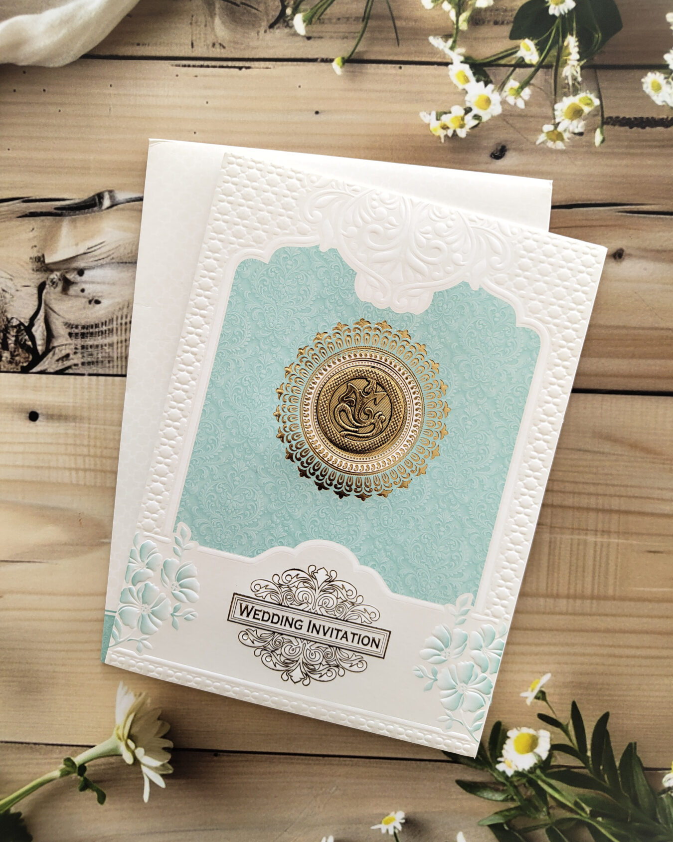 Elegant Blue and White Mandala Wedding Invitation Card with Matching Envelope
