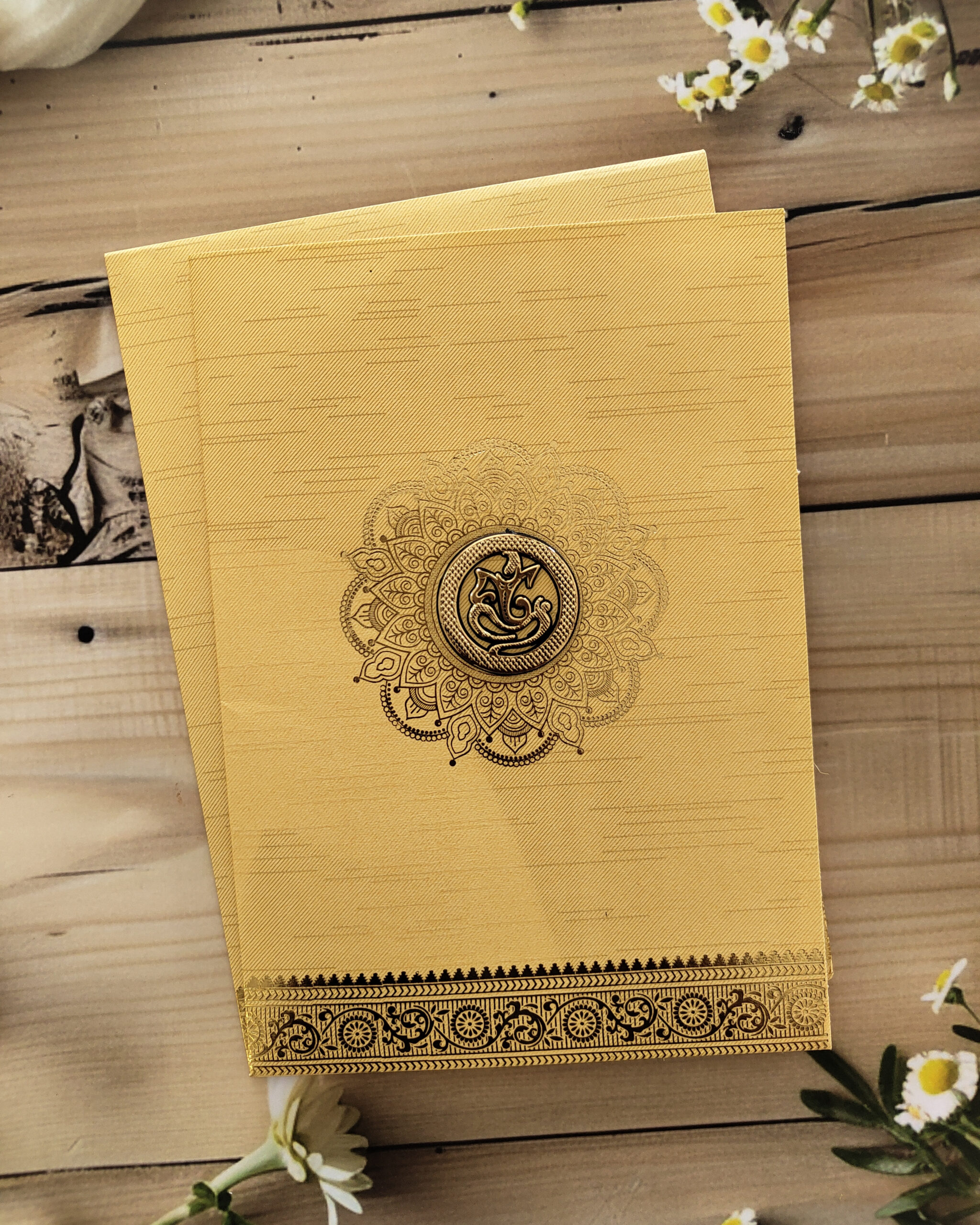 Gold Metallic Wedding Invitation Card with Gold Foiling, Customisable Emblem & Matching Envelope