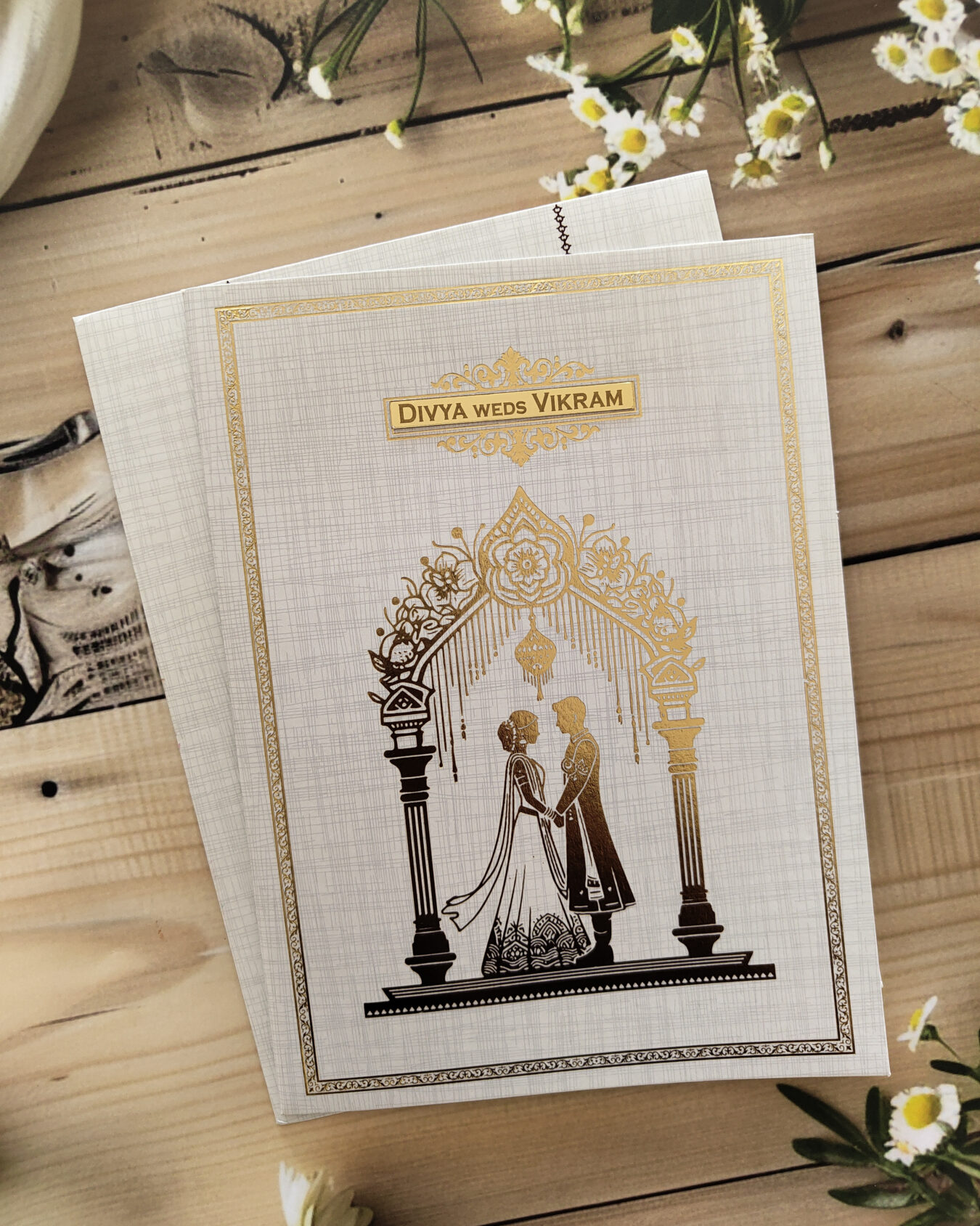 Silver Gold-Foiled Wedding Invitation Card with Acrylic Nameplate & Matching Envelope