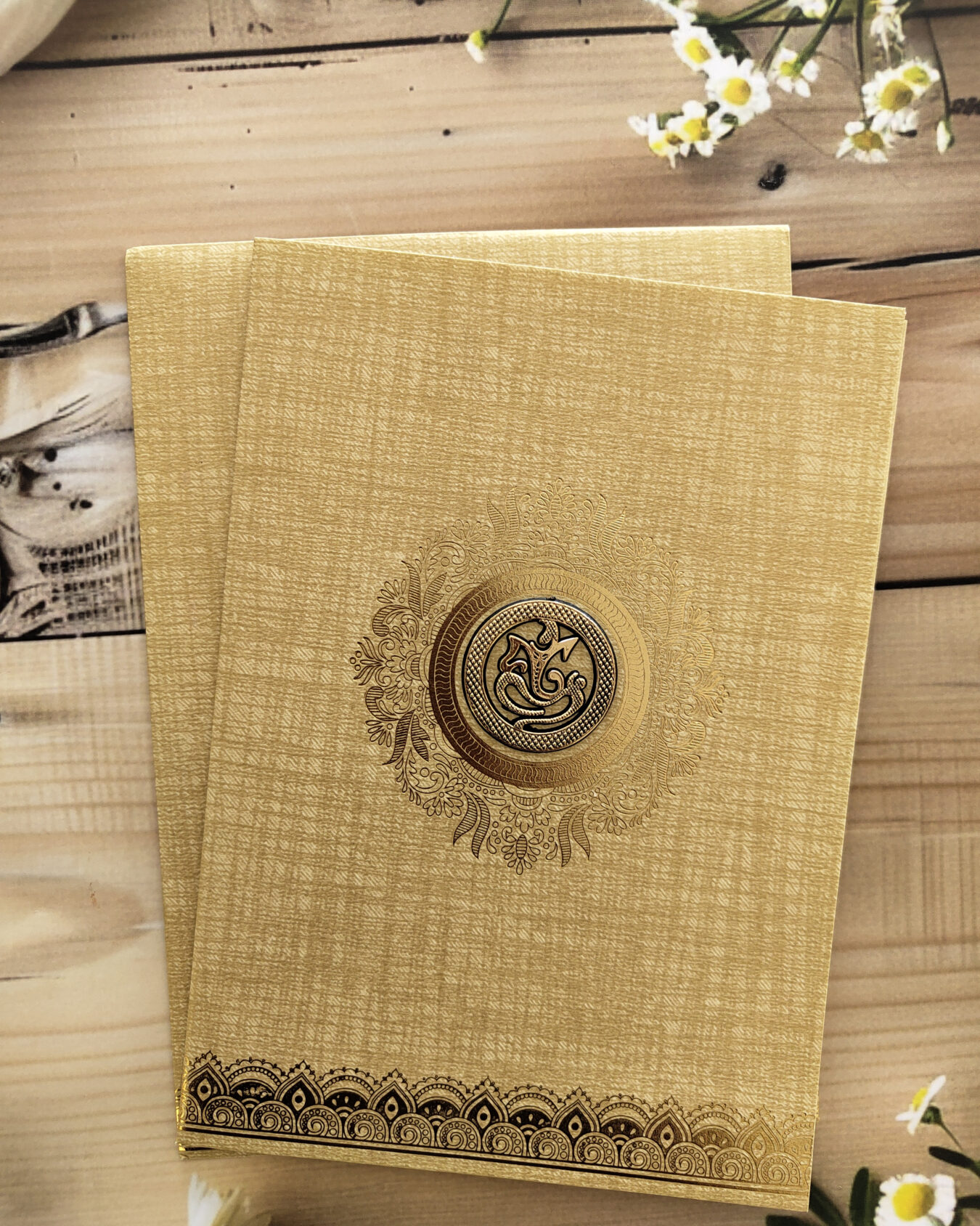 Golden Gold-Foiled Wedding Invitation Card with Customisable Emblem & Matching Envelope