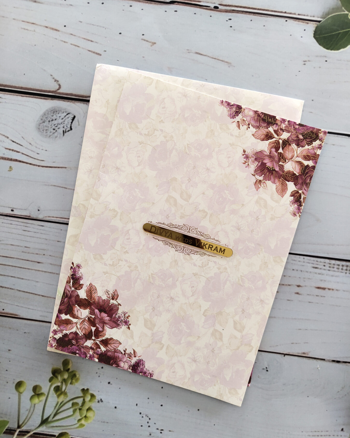 Violet Pastel Designer Wedding Invitation Card with Acrylic Nameplate & Matching Envelope