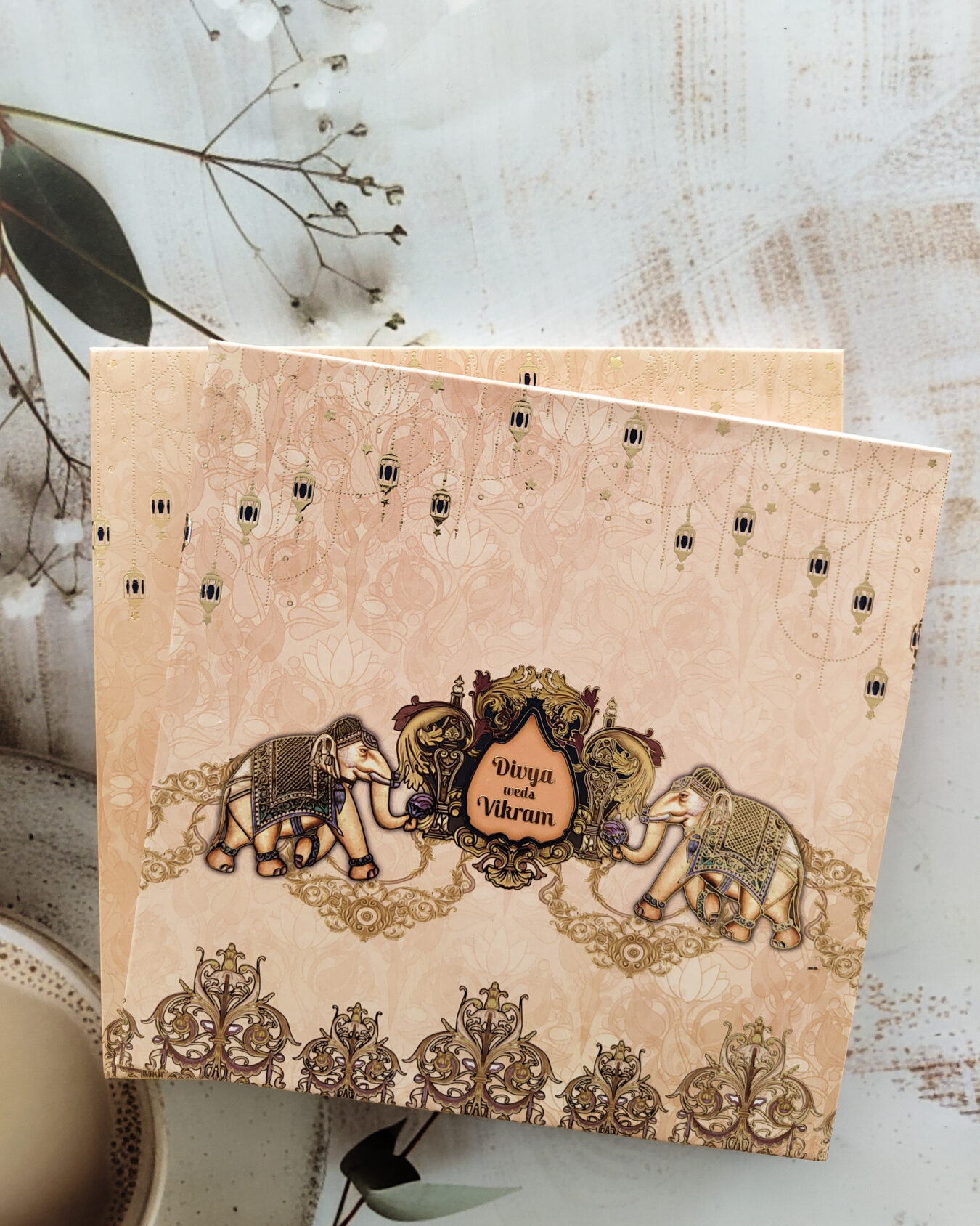 Luxury Floral Elephant Padded Wedding Invitation Card with Matching Envelope