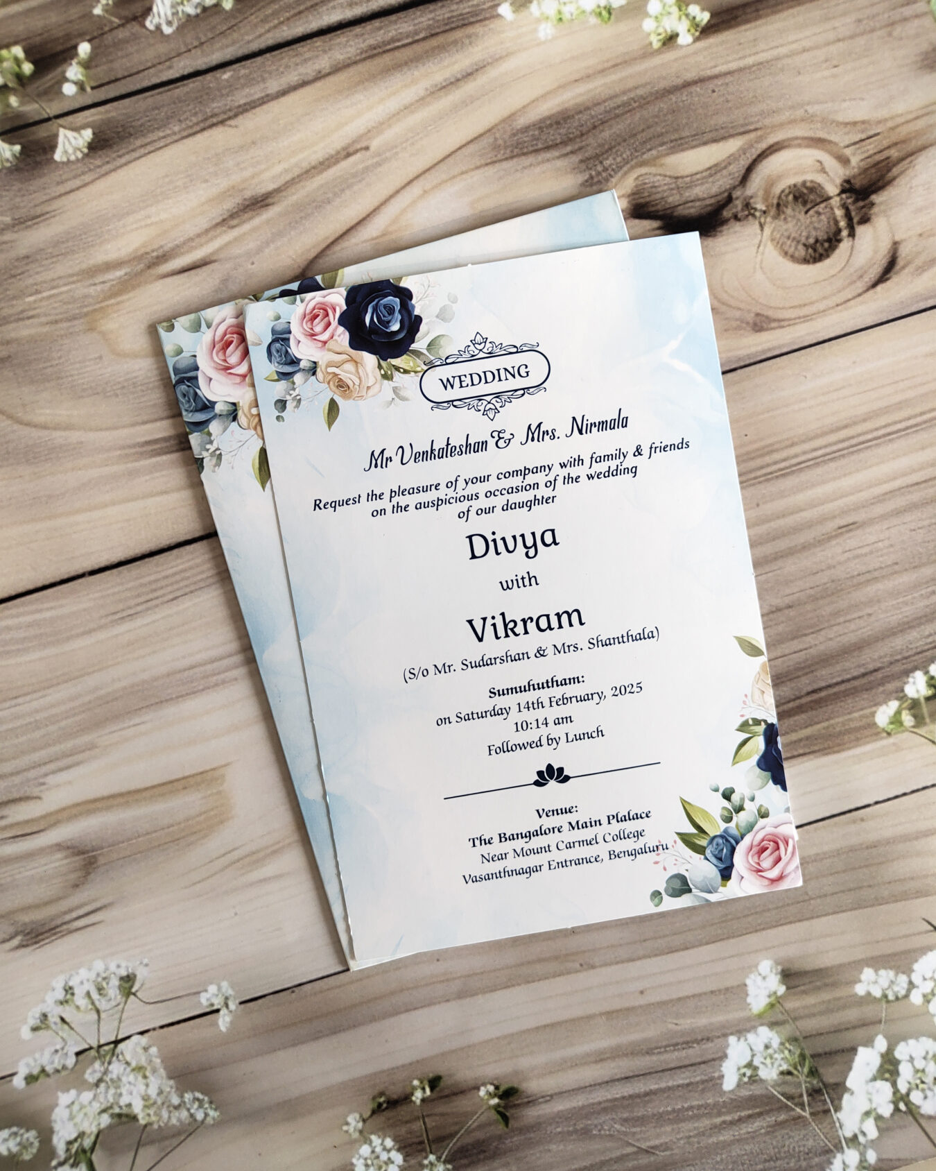 Blue & Blush Floral Wedding Invitation Card with Matching Envelope