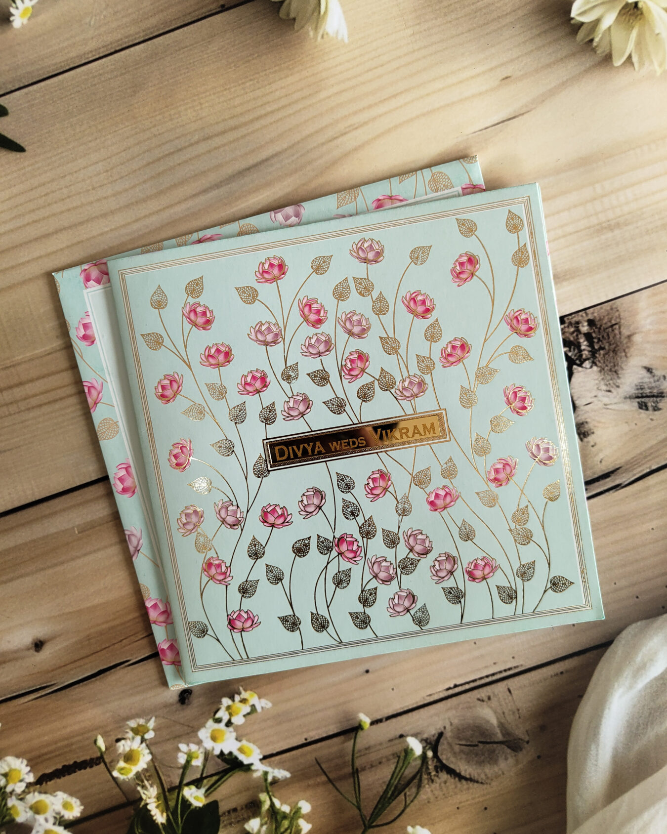 Pastel Green Lotus Design Square Wedding Invitation Card with Matching Envelope