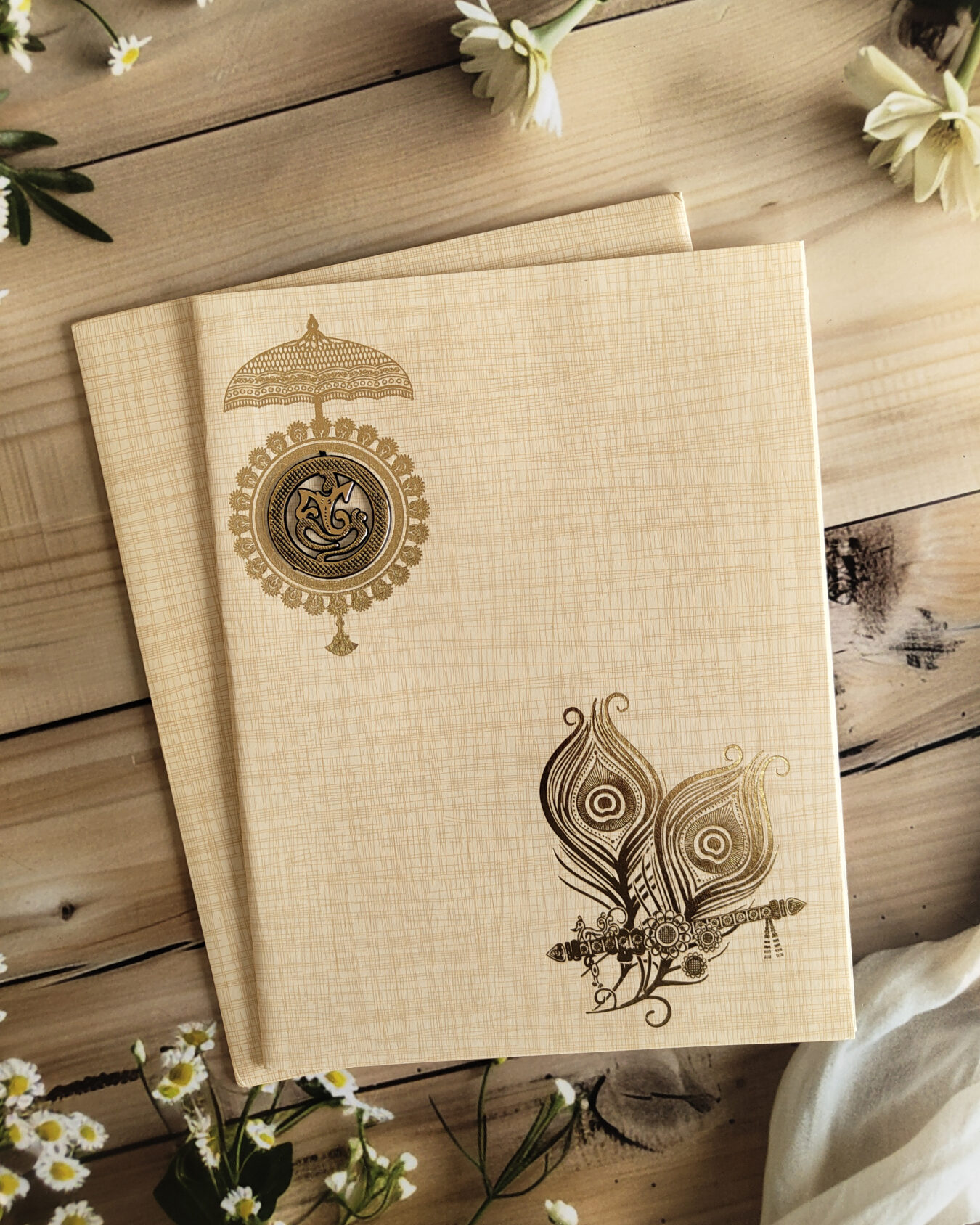 Elegant Sandal Ganesha & Flute Wedding Invitation Card with Matching Envelope