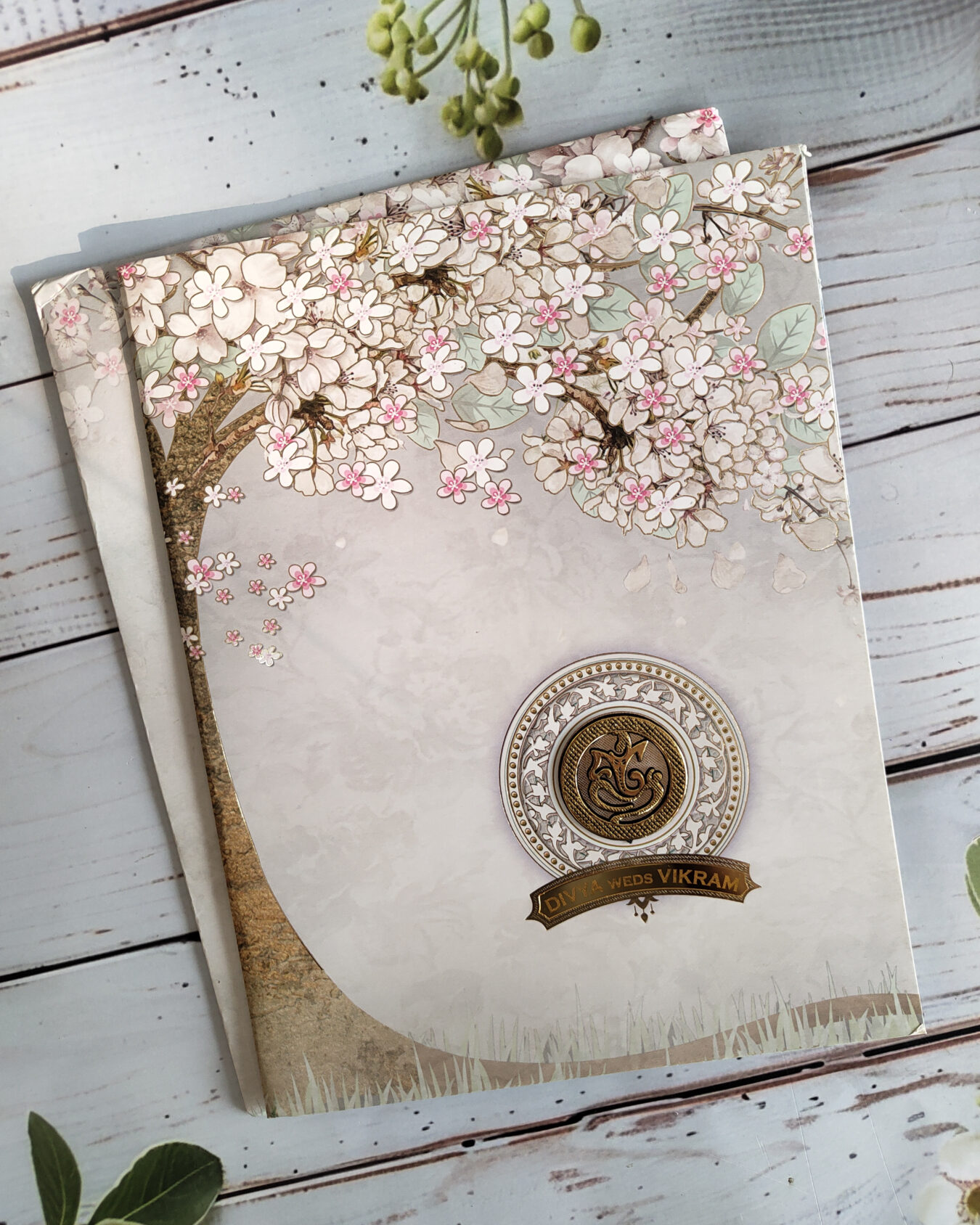 Grey Cherry Blossom Wedding Card with Acrylic Nameplate & Matching Floral Envelope | Customisable Emblem