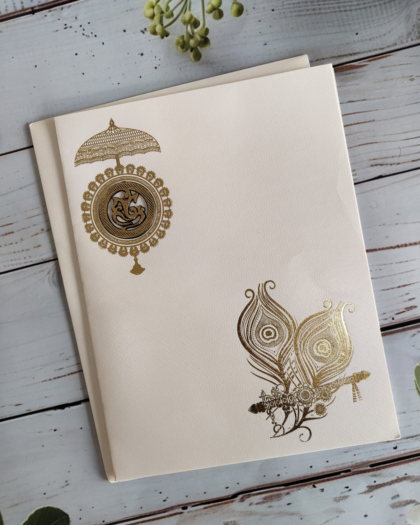White Umbrella Peacock Feather Wedding Card with Matching Envelope | Customisable Emblem