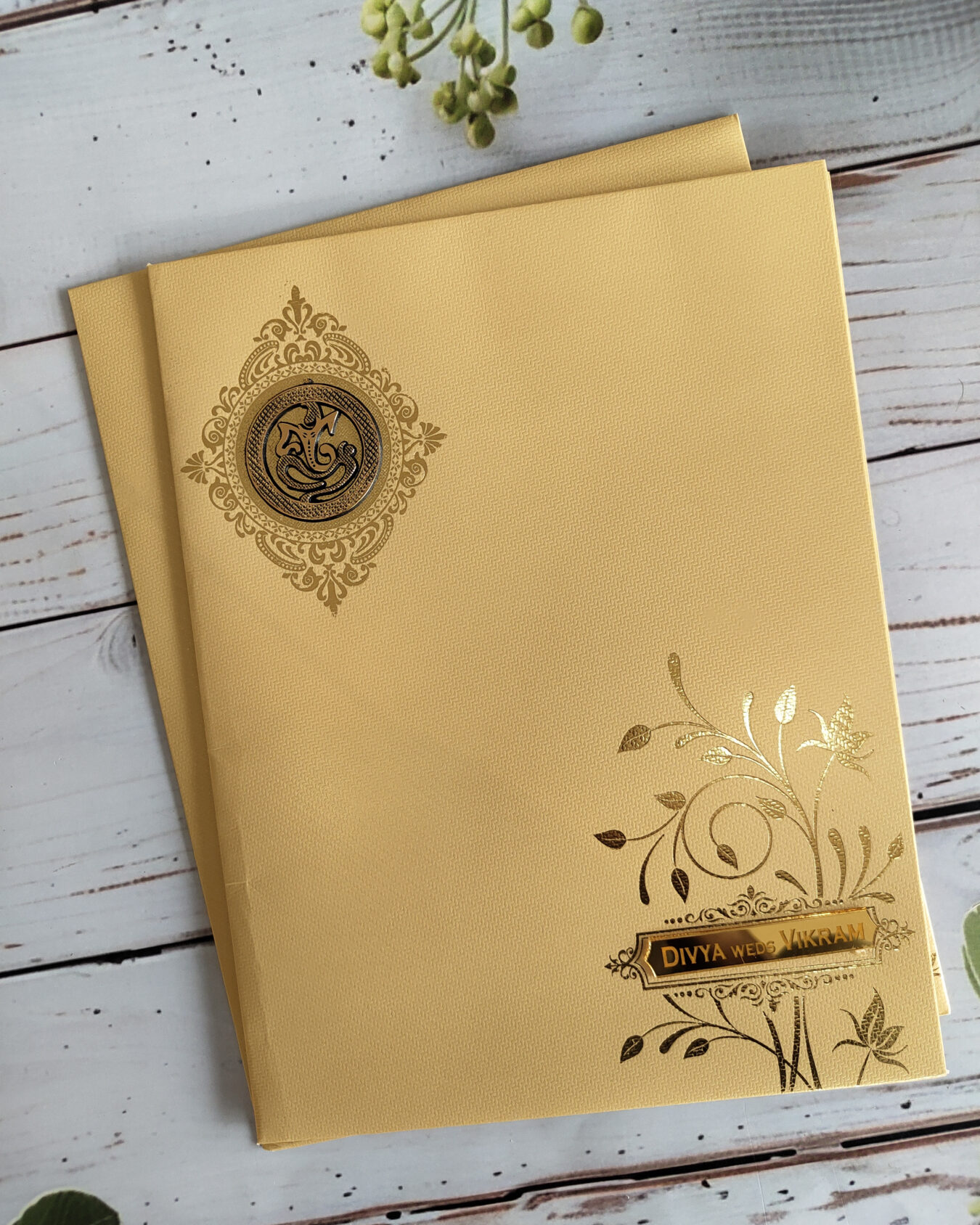 Regal Gold Foil Wedding Card with Acrylic Nameplate & Matching Envelope | Customisable Emblem