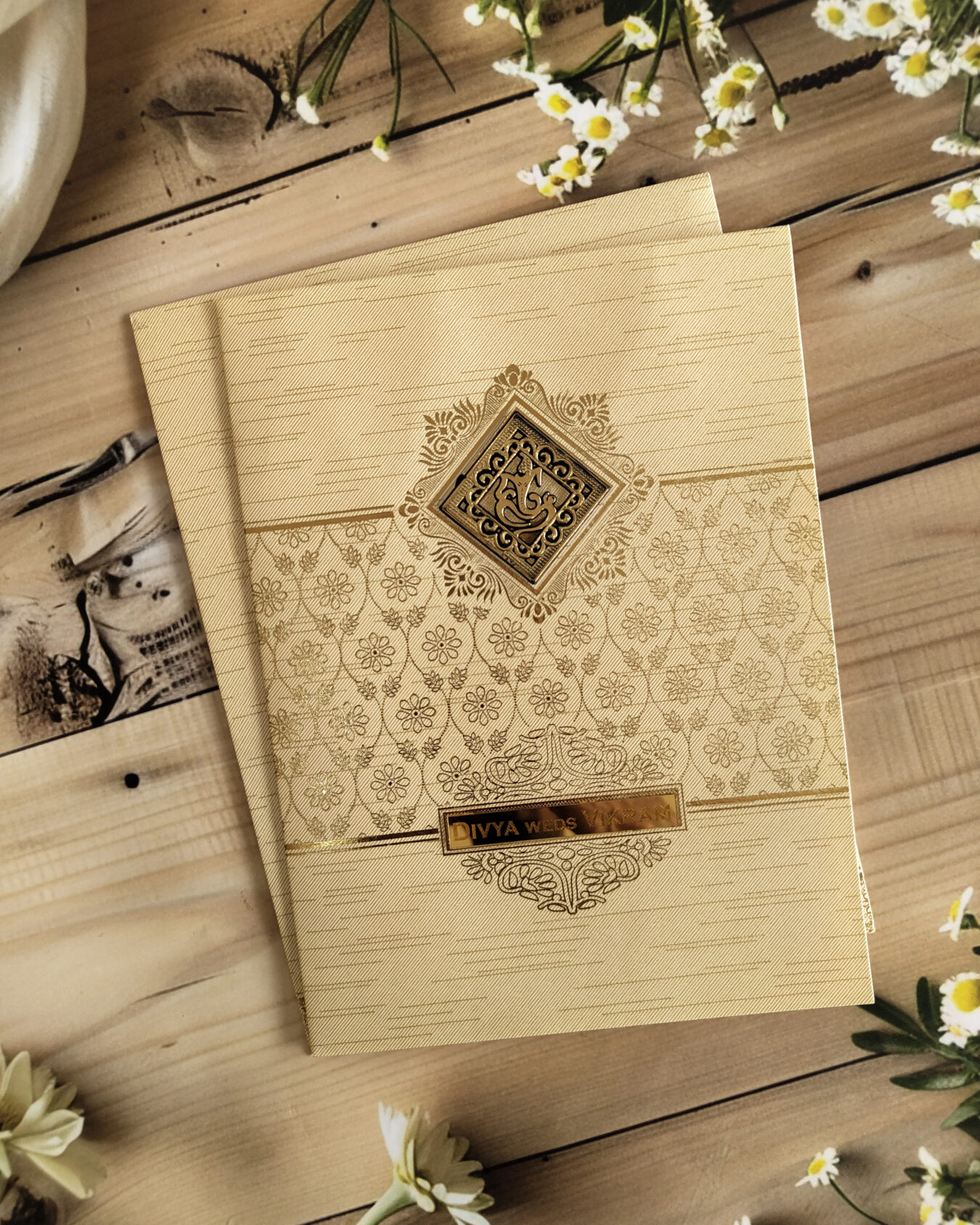 Elegant Cream Wedding Invitation Card with Acrylic Nameplate, Customisable Emblem & Matching Envelope