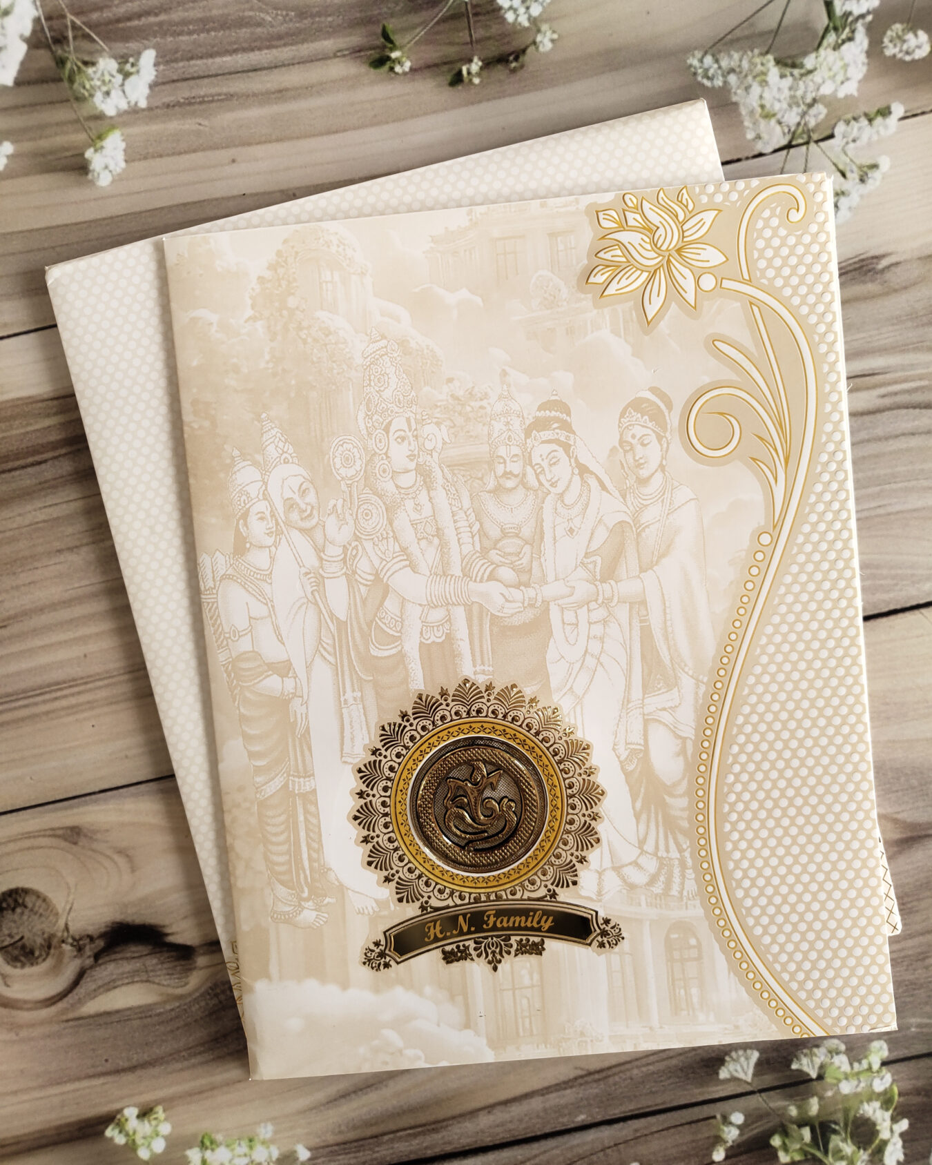 Sacred Balaji Wedding Invitation Card with Acrylic Nameplate, Customisable Emblem & Matching Envelope