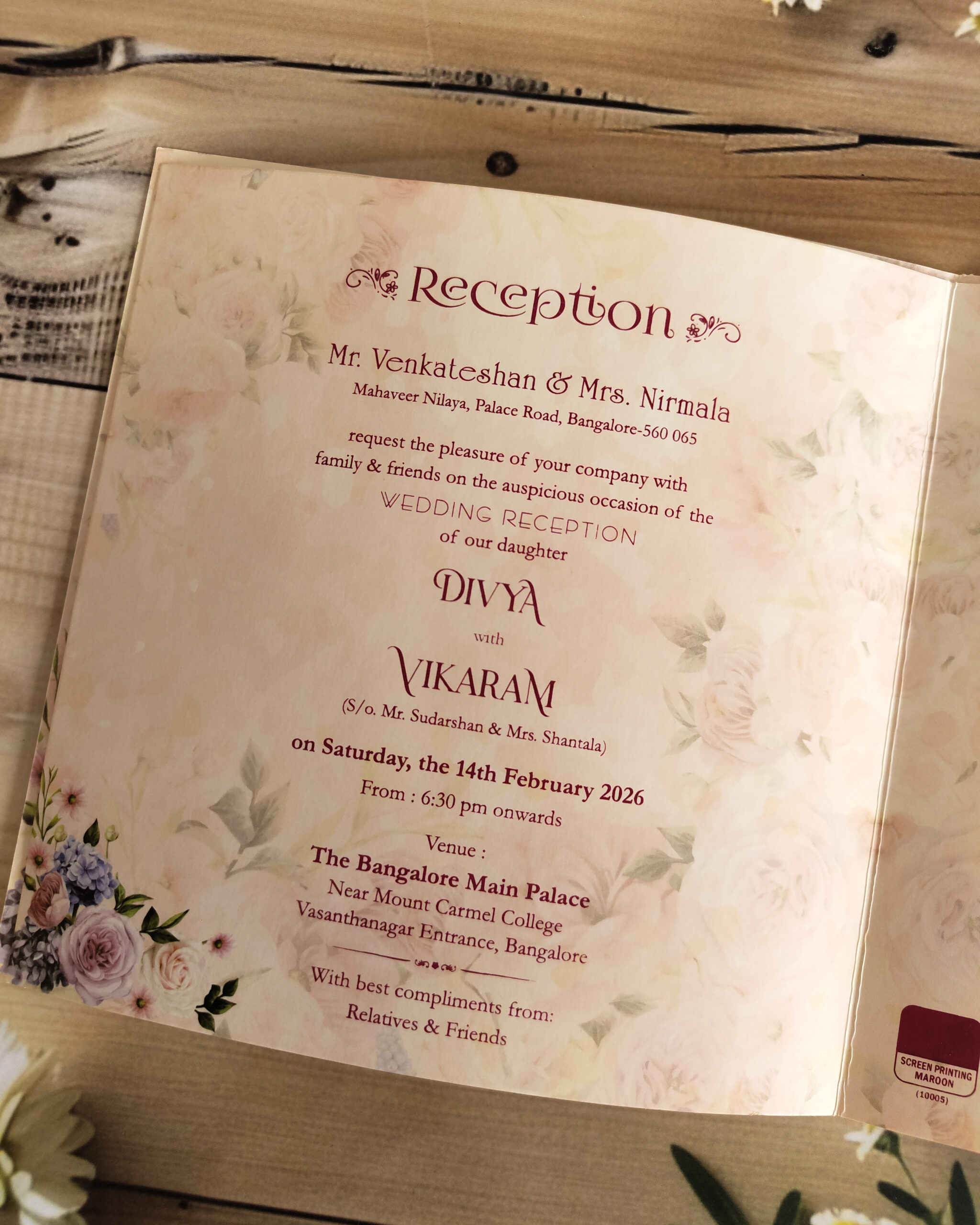 Pastel Blossom Square Floral Gold Foiled Wedding Invitation Card with Acrylic Nameplate & Matching Envelope - Image 2