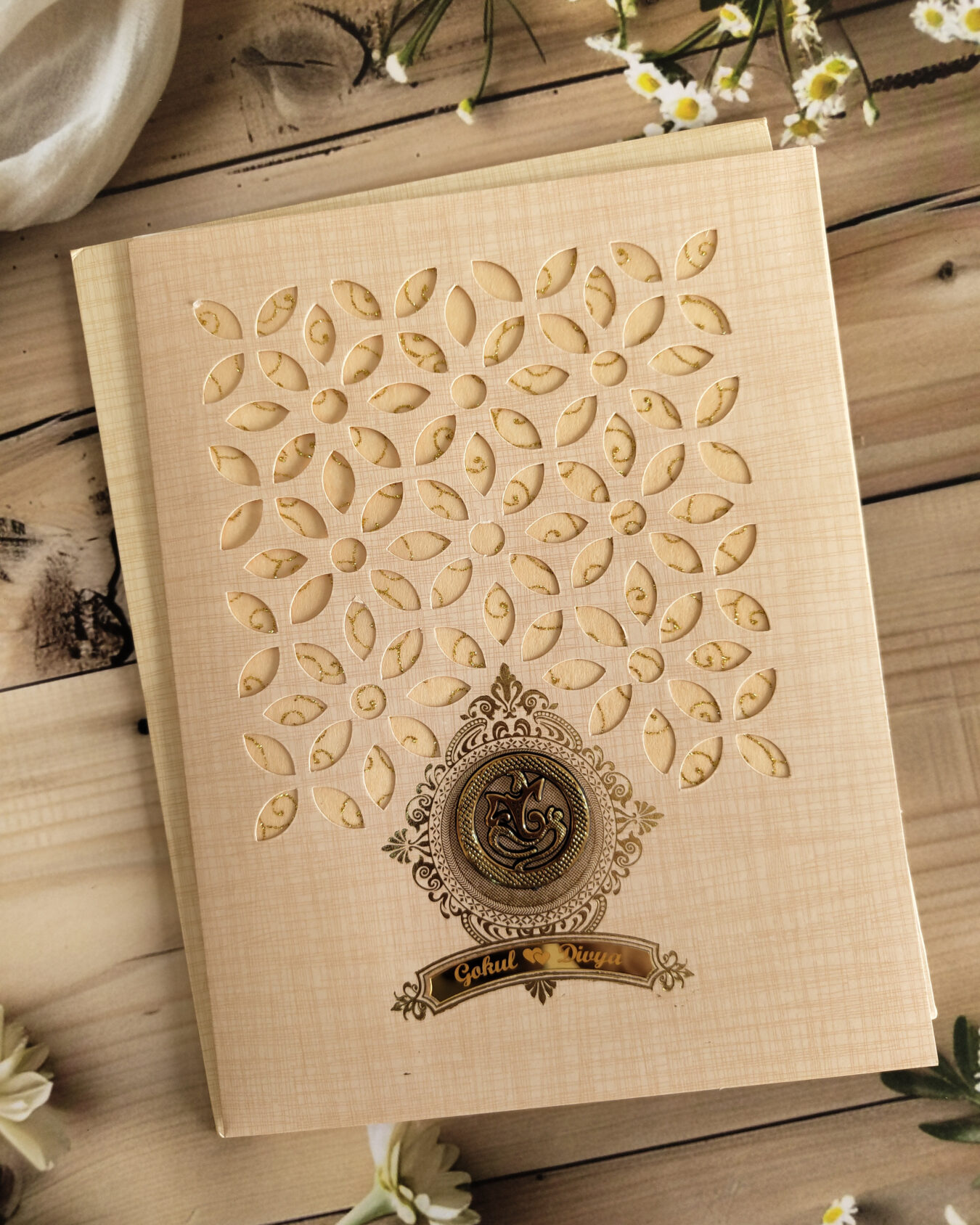 Sandal Die-Cut Metallic Wedding Invitation Card with Acrylic Nameplate, Customisable Emblem & Matching Envelope