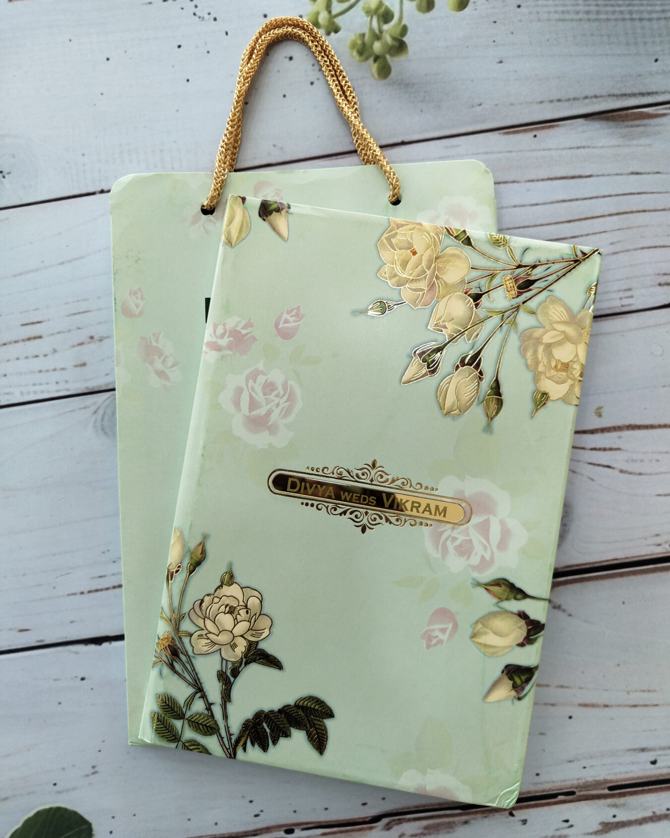 Pastel Green Shopper Style Wedding Invitation Card with Acrylic Nameplate & Matching Envelope