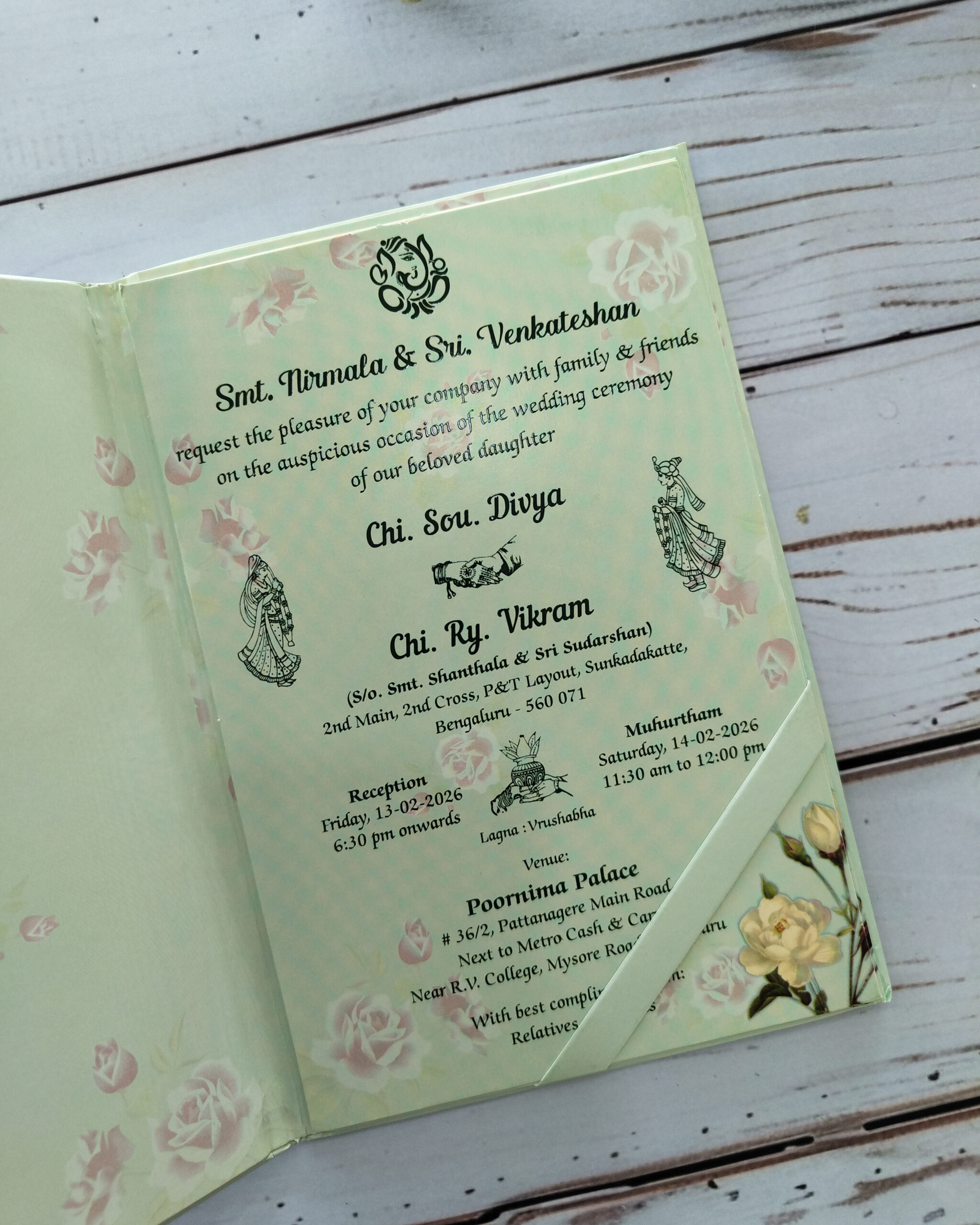 Pastel Green Shopper Style Wedding Invitation Card with Acrylic Nameplate & Matching Envelope - Image 2