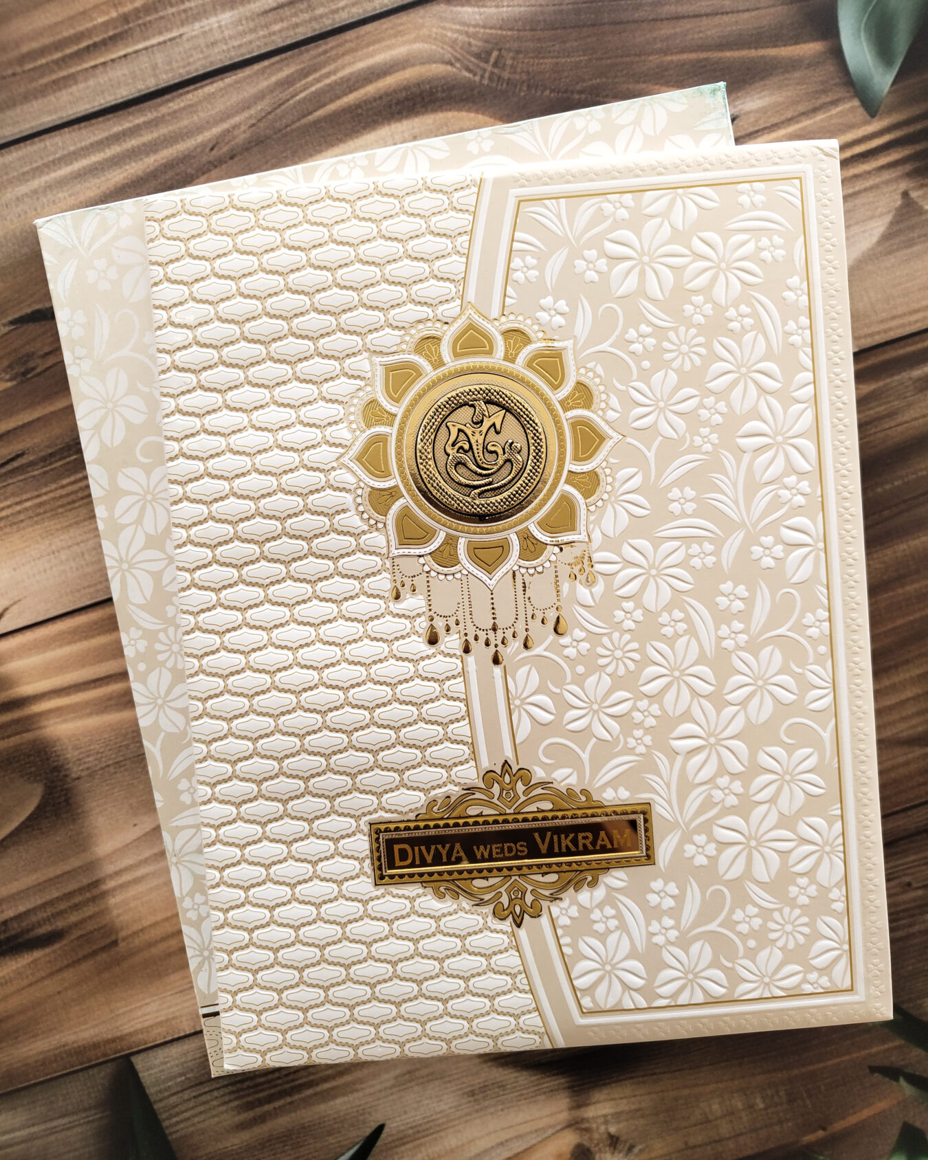 Luxury Padded Embossed Wedding Invitation Card with Acrylic Nameplate, Customisable Emblem & Matching Envelope