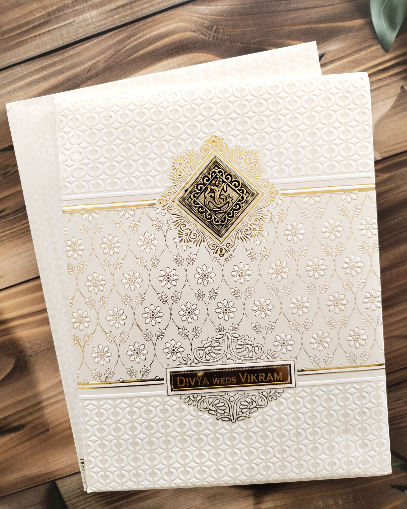Pure White Luxury Padded Embossed Gold Foiled Wedding Invitation Card with Acrylic Nameplate, Customisable Emblem & Matching Envelope