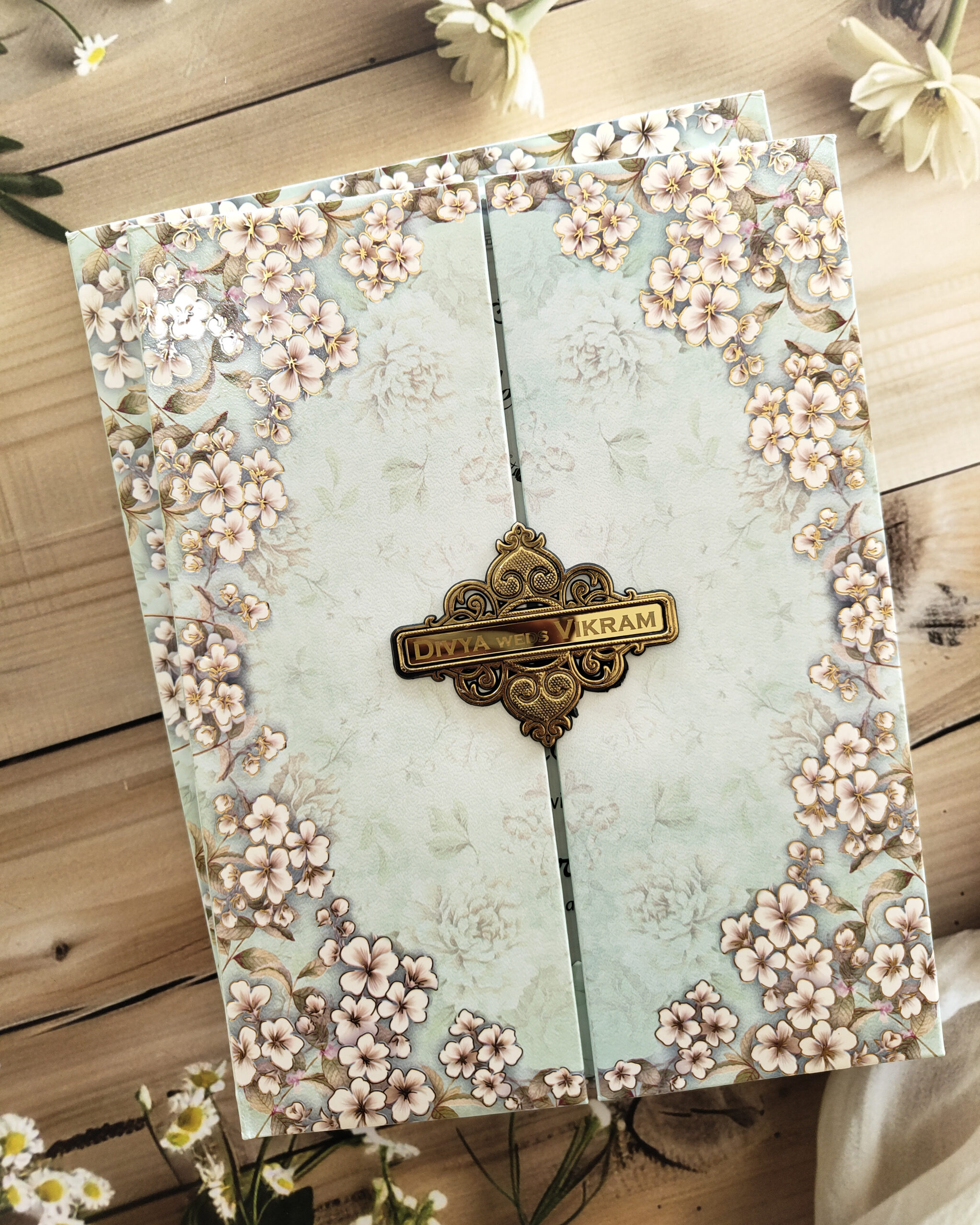 Pastel Green Luxury Floral Padded Door Style Wedding Invitation Card with Acrylic Nameplate & Matching Envelope