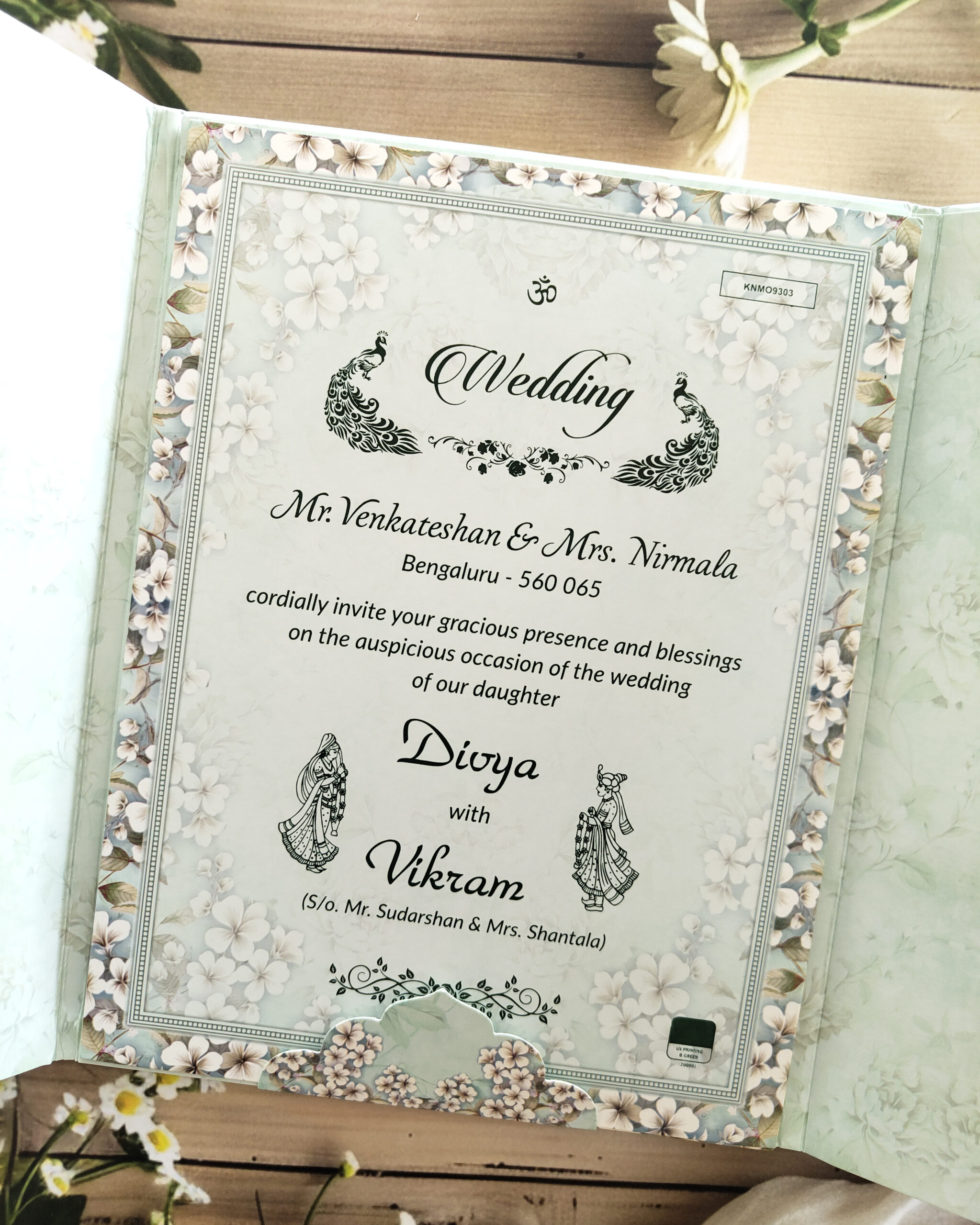 Pastel Green Luxury Floral Padded Door Style Wedding Invitation Card with Acrylic Nameplate & Matching Envelope - Image 3