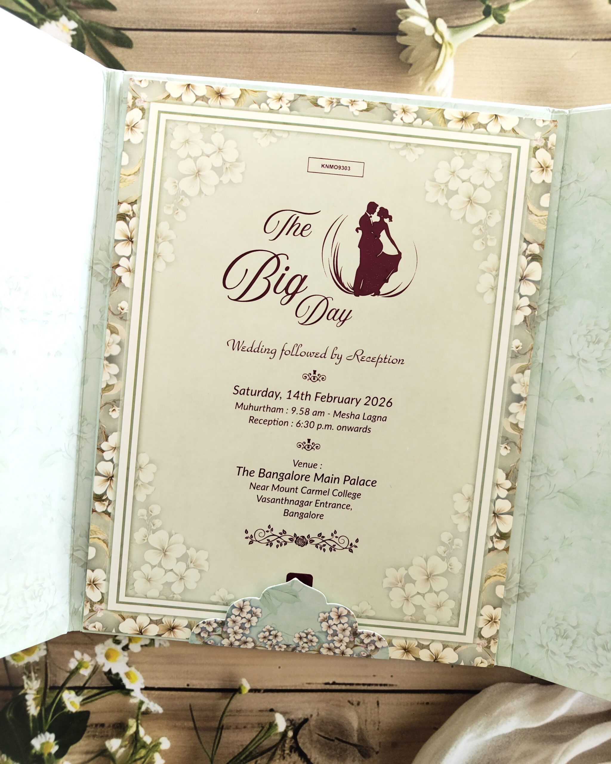 Pastel Green Luxury Floral Padded Door Style Wedding Invitation Card with Acrylic Nameplate & Matching Envelope - Image 2