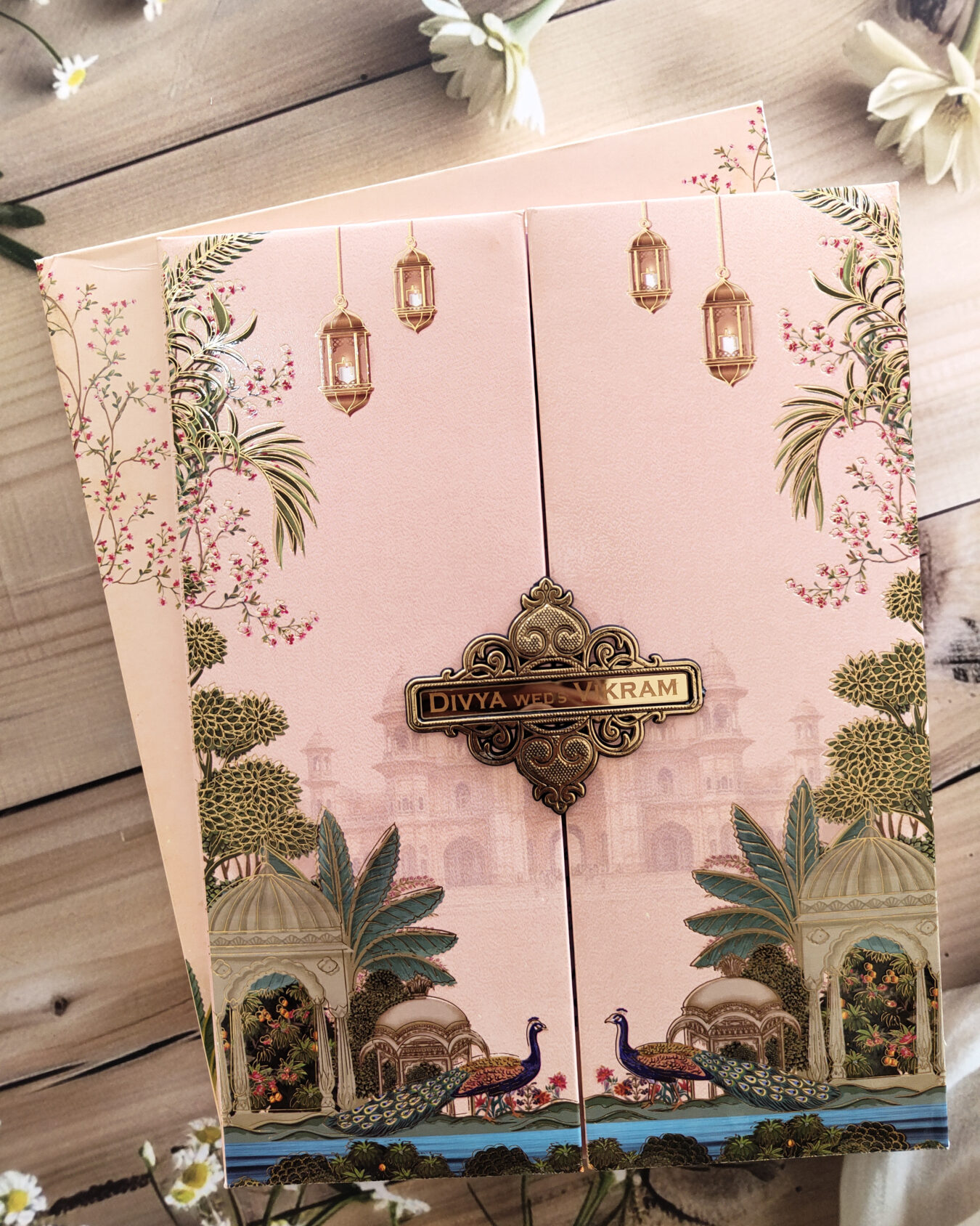 Royal Peacock Botanical Luxury Padded Door Style Wedding Invitation Card with Acrylic Nameplate & Matching Envelope