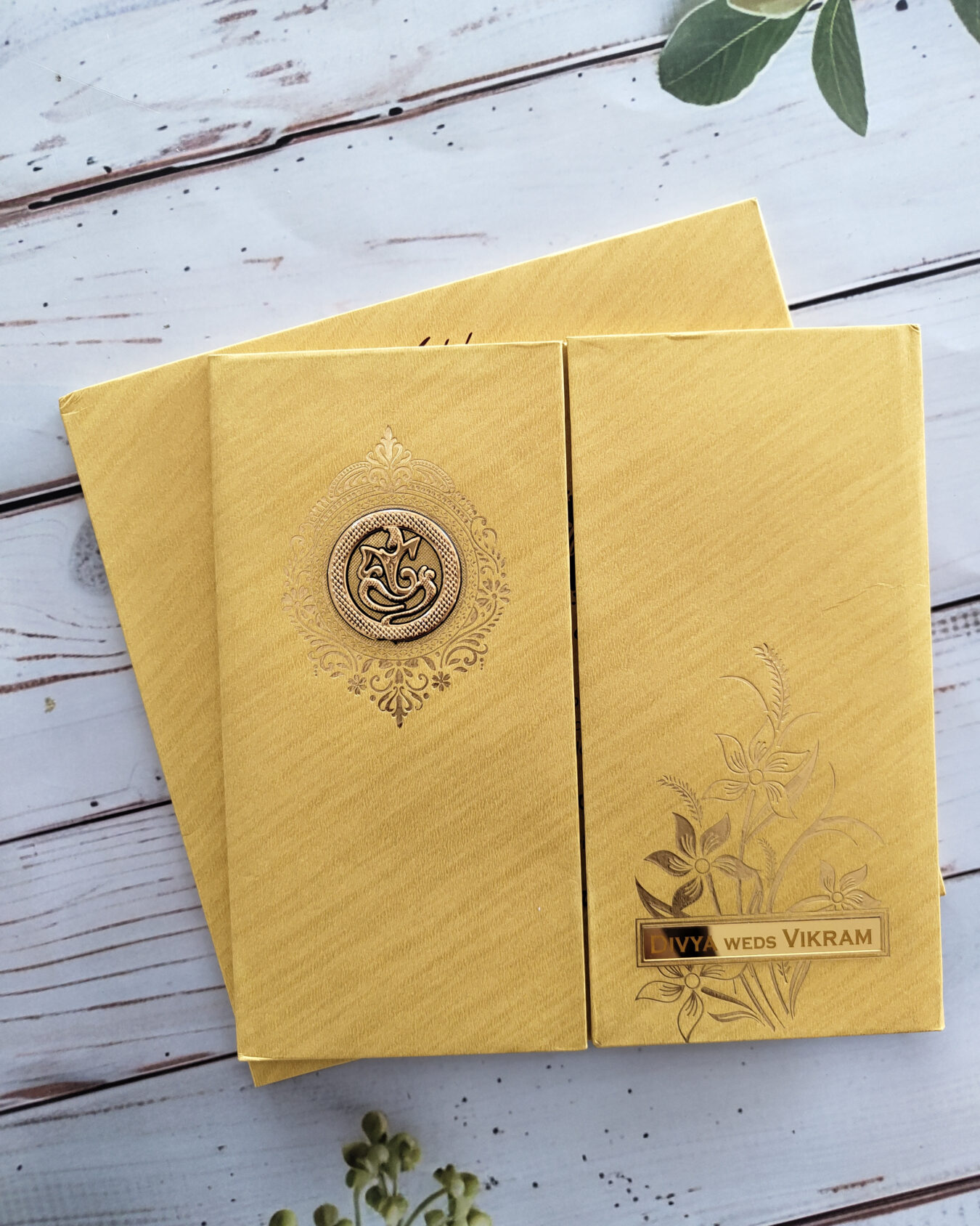 Luxury Golden Door Style Square Padded Wedding Invitation Card with Acrylic Nameplate, Customisable Emblem & Matching Envelope