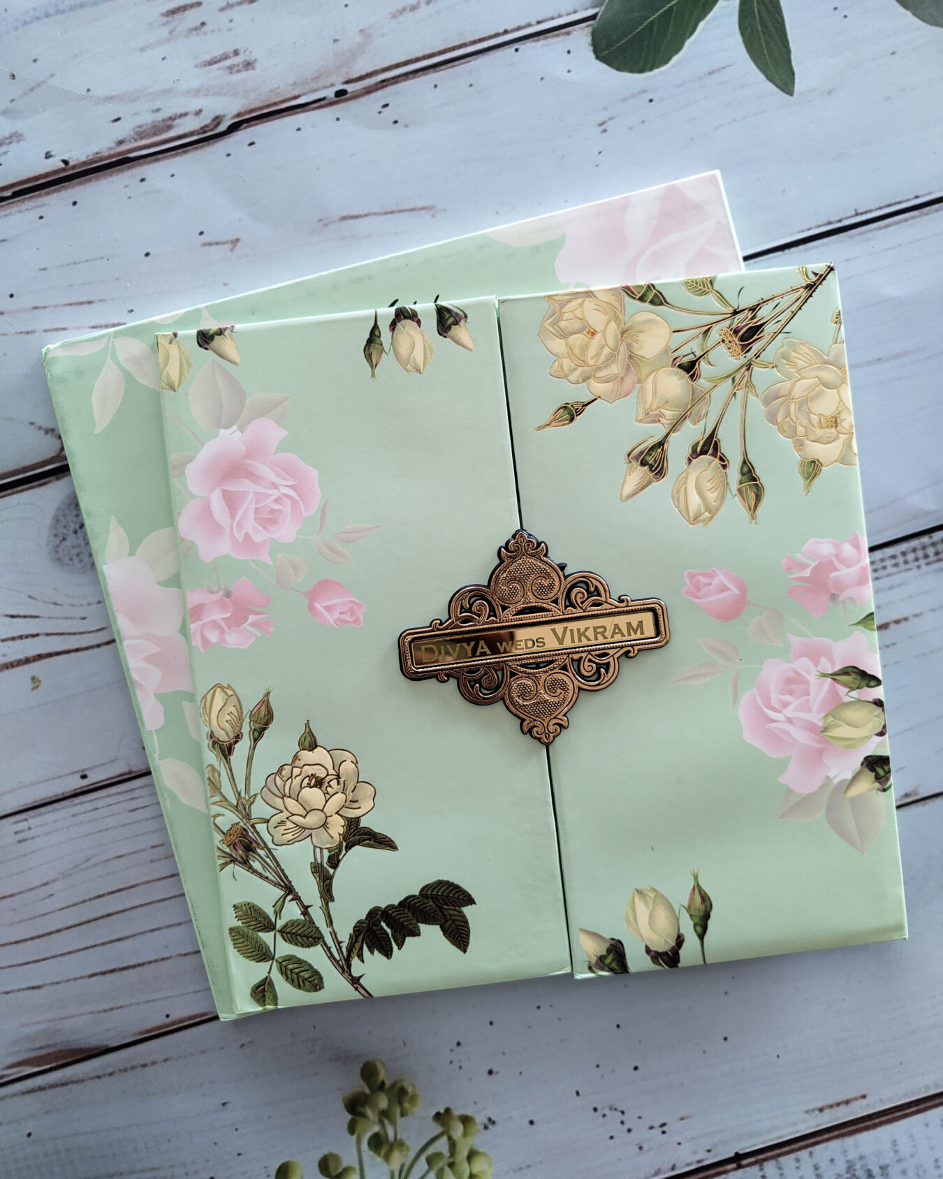 Luxury Light Green Door Style Square Padded Wedding Invitation Card with Acrylic Nameplate & Matching Envelope